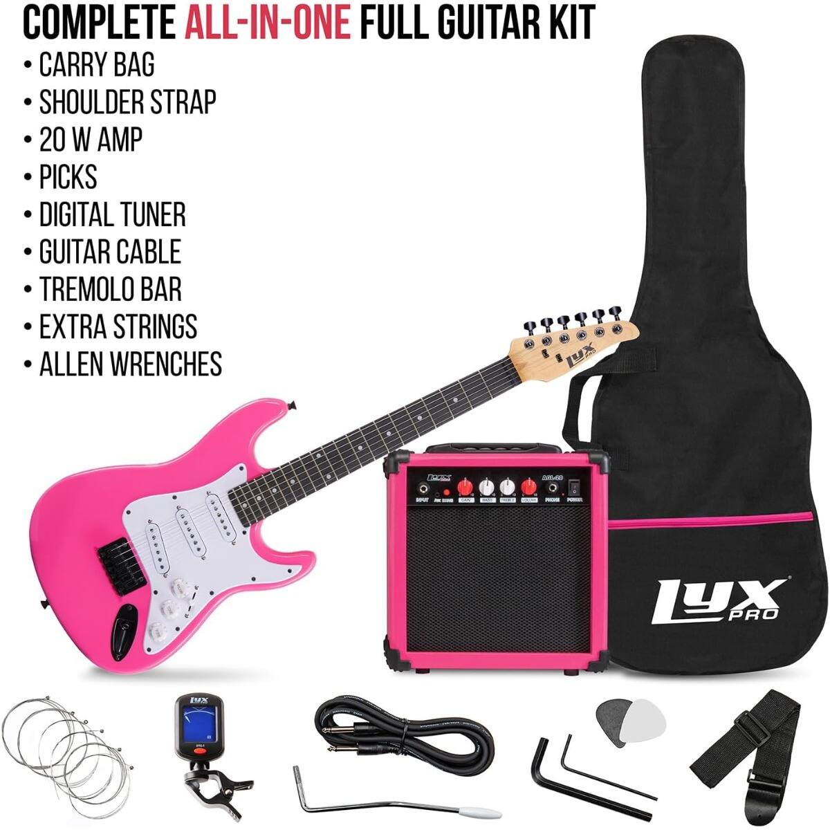 COMPLETE ALL-IN-ONE FULL GUITAR KIT

- CARRY BAG
- SHOULDER STRAP
- 20 W AMP
- PICKS
- DIGITAL TUNER
- GUITAR CABLE
- TREMOLO BAR
- EXTRA STRINGS
- ALLEN WRENCHES