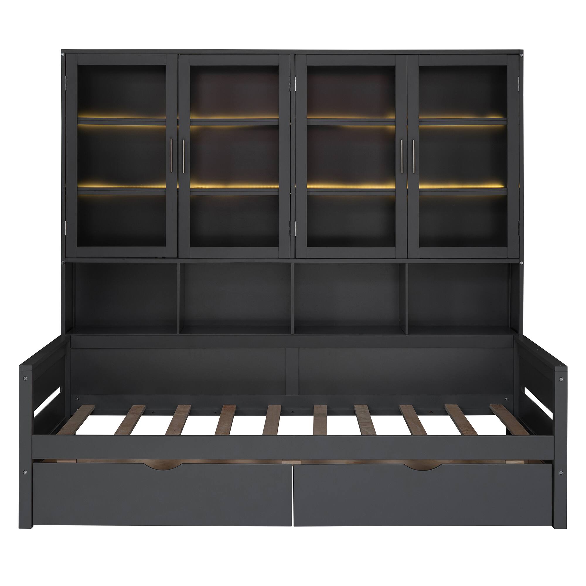 Alt View 7. Tiramisubest - Twin Size Wooden Daybed with Glass-Door Storage Cabinets, Built-in LED Lighting and Shelves, Gray - Gray.