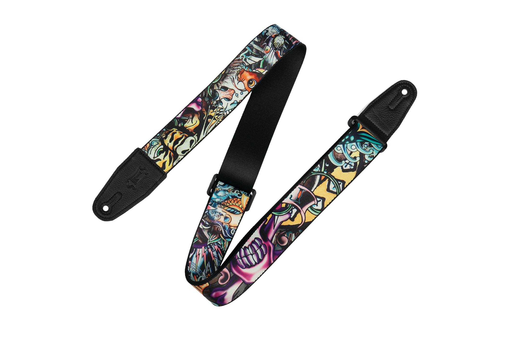 Front. Levy's Leathers - 2" Poly Tattoo Series Guitar Strap with Black Leather Ends, New School Design - Black.