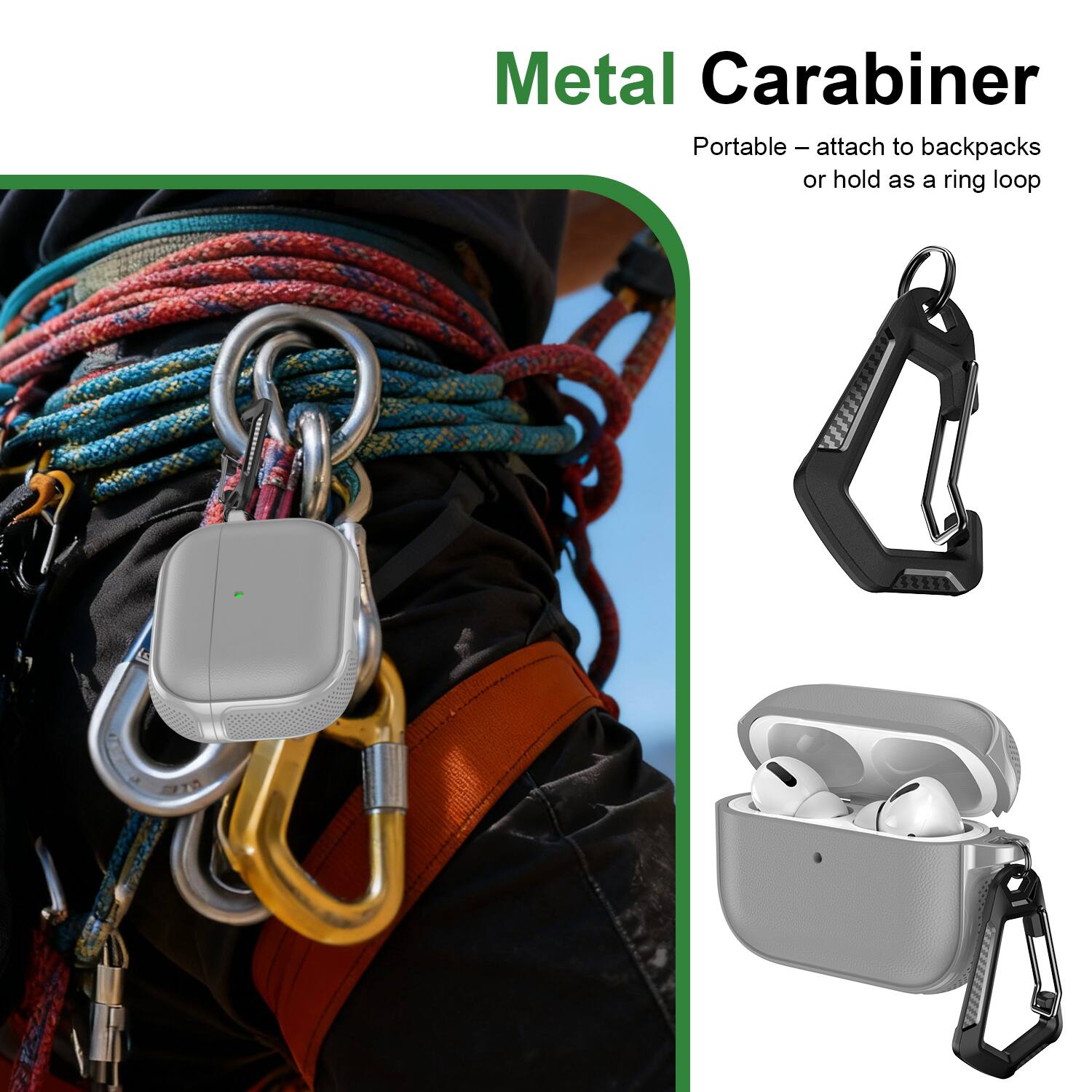 Metal Carabiner  
Portable – attach to backpacks or hold as a ring loop