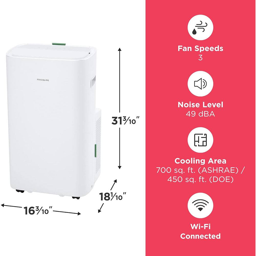 Fan Speeds: 3  
Noise Level: 49 dBA  
Cooling Area: 700 sq. ft. (ASHRAE) / 450 sq. ft. (DOE)  
Wi-Fi Connected  

Dimensions:  
Height: 31 3/10"  
Width: 16 3/10"  
Depth: 18 1/10"