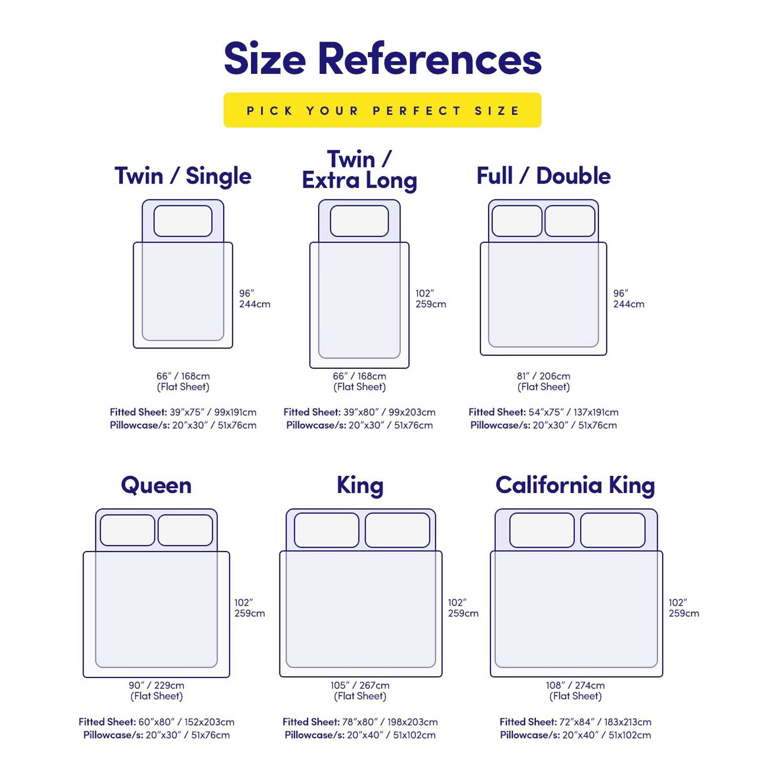 **Size References**

**PICK YOUR PERFECT SIZE**

---

**Twin / Single**

- Flat Sheet: 66" / 168cm
- Fitted Sheet: 39"x75" / 99x191cm
- Pillowcase/s: 20"x30" / 51x76cm

**Twin / Extra Long**

- Flat Sheet: 66" / 168cm
- Fitted Sheet: 39"x80" / 99x203cm
- Pillowcase/s: 20"x30" / 51x76cm

**Full / Double**

- Flat Sheet: 81" / 206cm
- Fitted Sheet: 54"x75" / 137x191cm
- Pillowcase/s: 20"x30" / 51x76cm

**Queen**

- Flat Sheet: 90" / 229cm
- Fitted Sheet: 60"x80" / 152x203cm
- Pillowcase/s: 20"x