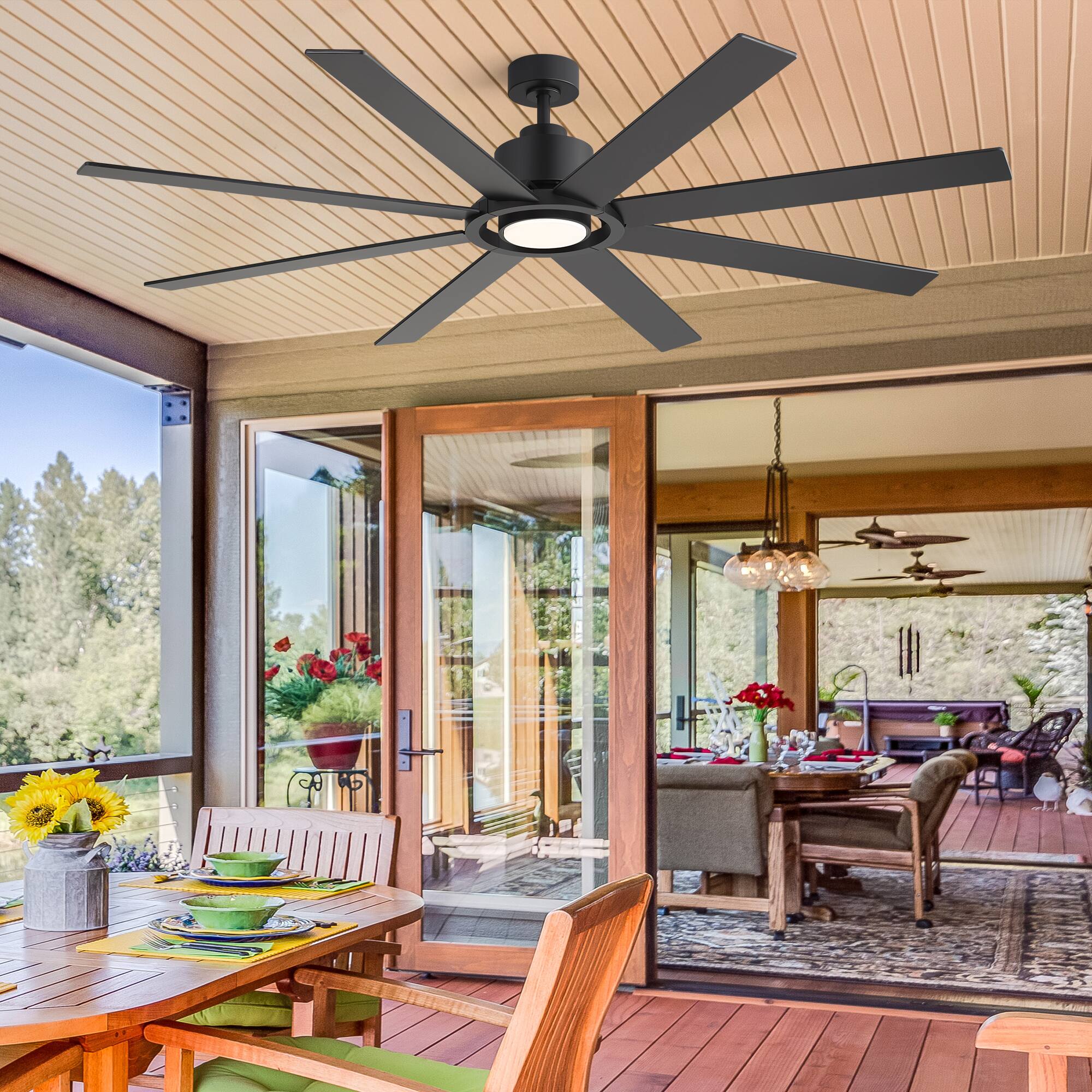 Left. Breezary - 72-Inch Modern Ceiling Fan, Dimmable LED, 8 Plywood Blades, Efficient DC Motor, 6 Speeds, Timer, Remote - All Black.