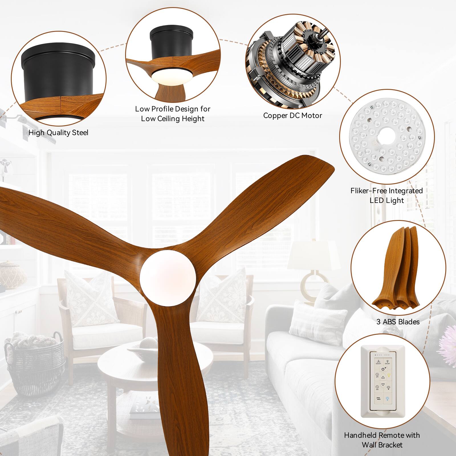 High Quality Steel  
Low Profile Design for Low Ceiling Height  
Copper DC Motor  
Flicker-Free Integrated LED Light  
3 ABS Blades  
Handheld Remote with Wall Bracket