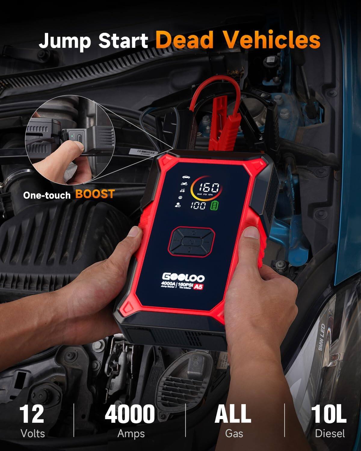 Jump Start Dead Vehicles  
One-touch BOOST  
GOOLOO 4000A 160PSI - A5 LED  
12 Volts 4000 Amps  
ALL Gas 10L Diesel