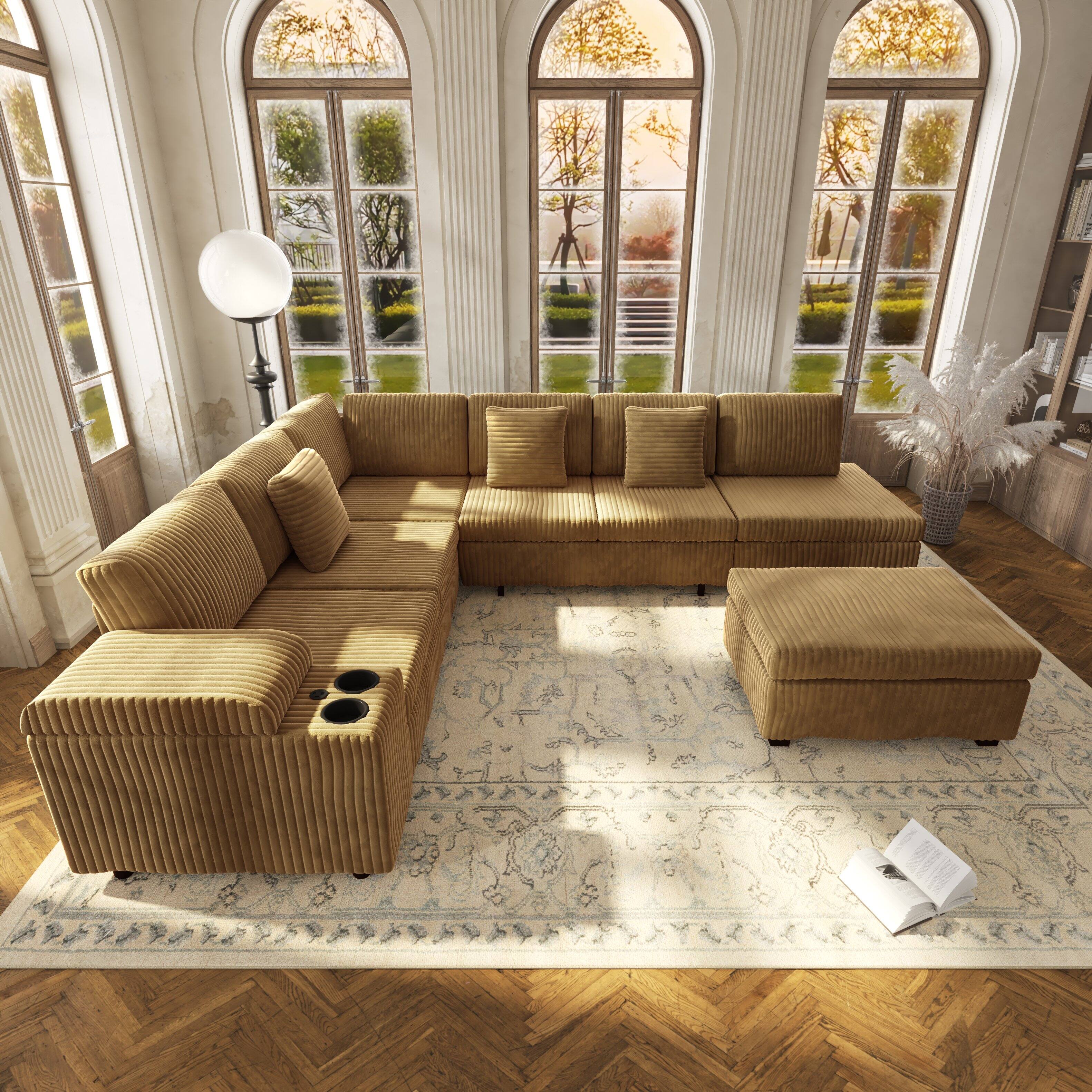 Angle. Anysun - 110.2" L-Shaped Convertible Corduroy Sectional Sofa Set with Removable Ottoman, Hidden Storage, USB Ports & Cup Holders - Camel.