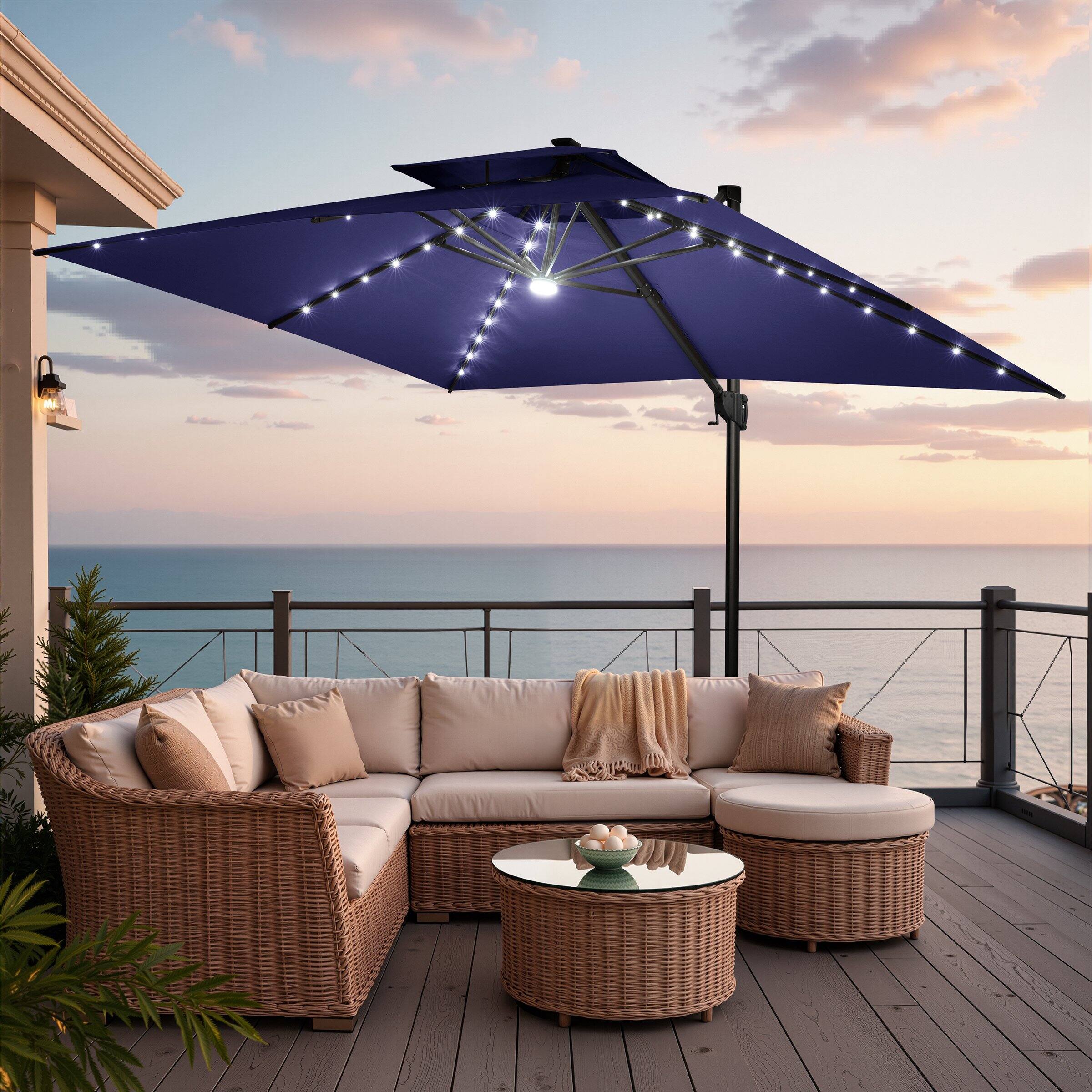 Alt View 7. Crestlive Products - Crestlive Products 10x13ft Aluminum Double Top Crank Cantilever Patio Umbrella with Lights with Base - Navy blue.