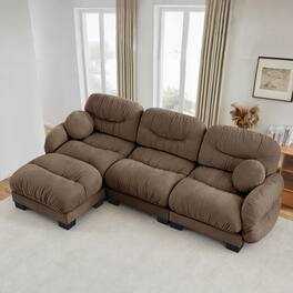 Anysun - 3 Seater L Shape Sectional Couch with Ottoman, Chenille Fabric, High-Density Foam & Curved Armrests for Living Room - Brown