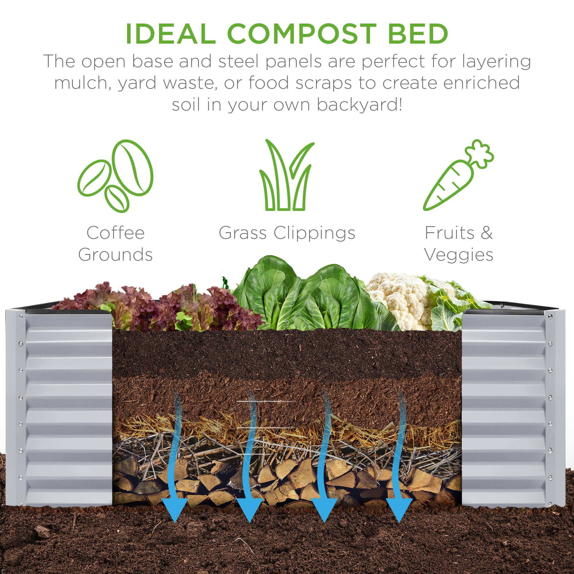 IDEAL COMPOST BED

The open base and steel panels are perfect for layering mulch, yard waste, or food scraps to create enriched soil in your own backyard!

- Coffee Grounds
- Grass Clippings
- Fruits & Veggies