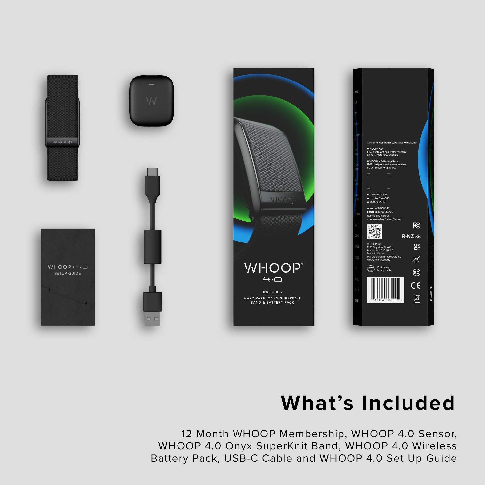 The image features a WHOOP activity tracker and smartwatch, which includes a 12-month WHOOP membership, a WHOOP 4.0 sensor, a WHOOP 4.0 Onyx SuperKnit band, a WHOOP 4.0 wireless battery pack, a USB-C cable, and a WHOOP 4.0 setup guide. The product is designed to help users track their physical activity and monitor their performance.