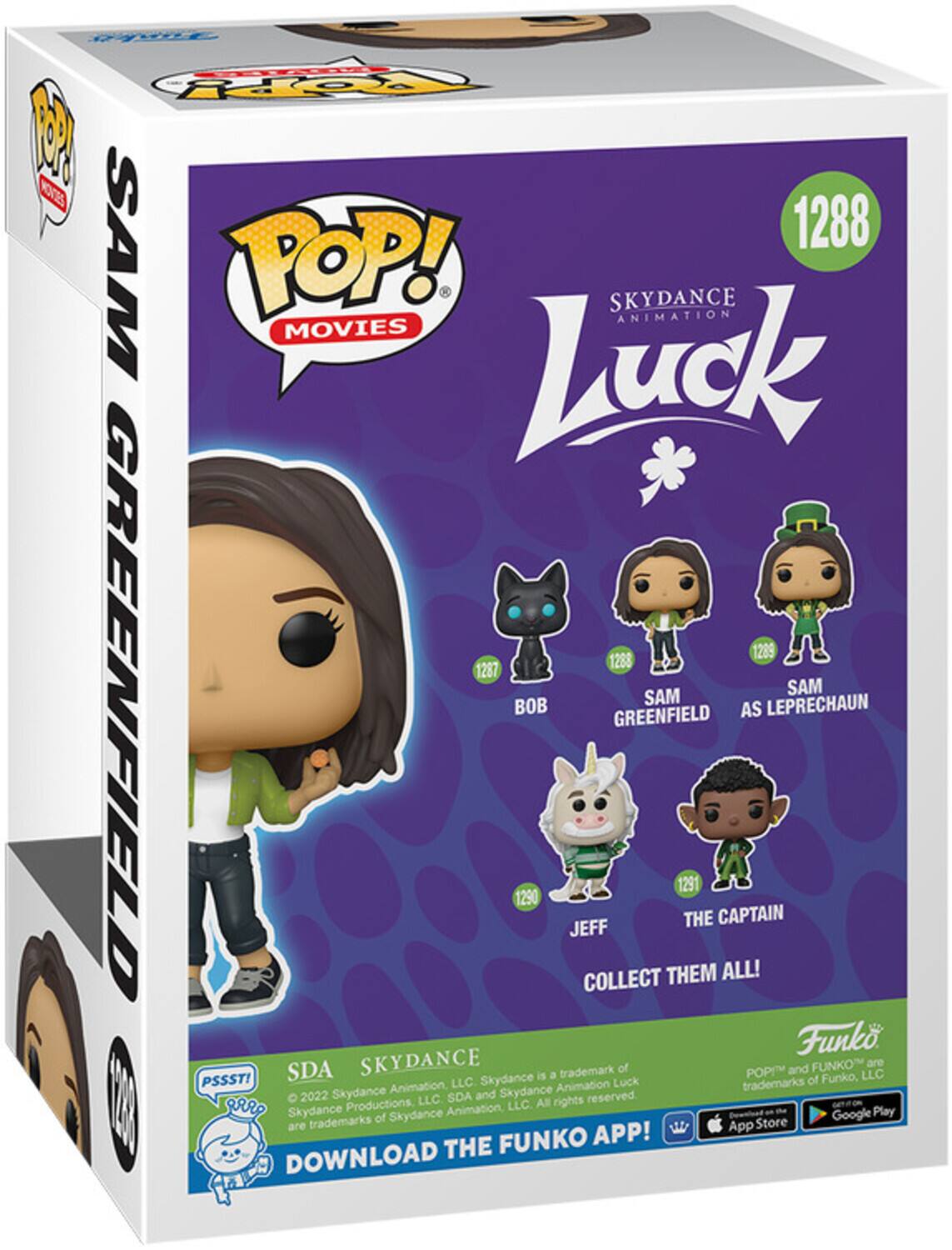 POP! MOVIES, Luck, SKYDANCE ANIMATION, 1288, 1289, 1268, 1287, SAM GREENFIELD, BOB, SAM LEPRECHAUN, 1290, THE CAPTAIN, JEFF, COLLECT THEM ALL!, Funko, SDA, 2022 Skydance Animation, LLC, Skydance Productions, LLC, All rights reserved, DOWNLOAD THE FUNKO APP!, App Store, Google Play