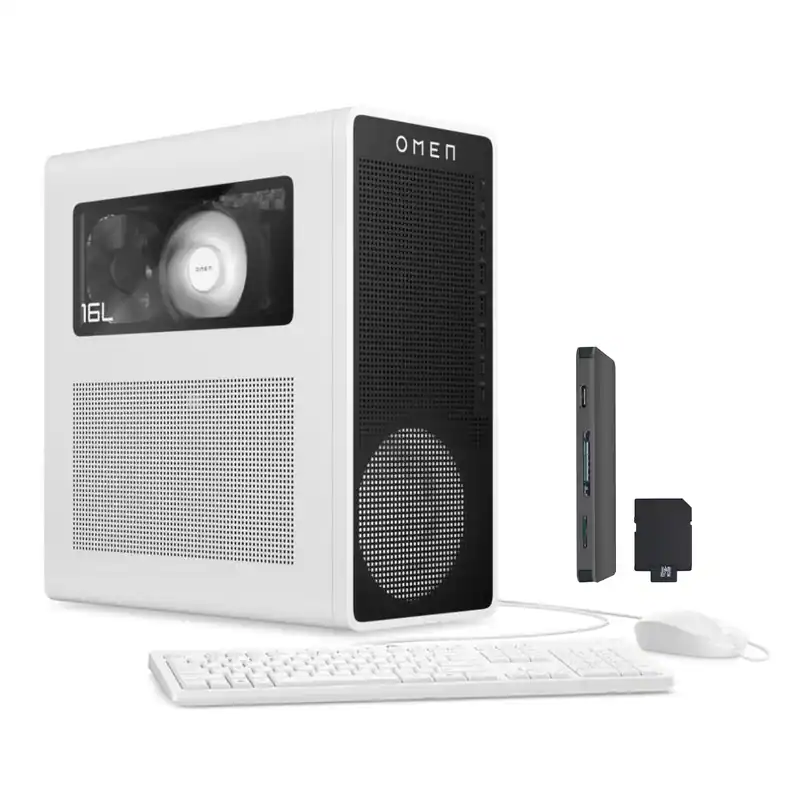 Front. HP OMEN - HP OMEN 16L Gaming Desktop,AMD Ryzen 7 8700F,NVIDIA GeForce RTX 5060,32GB DDR5,2TB SSD+1TB Docking Station,Win 11,White - White.