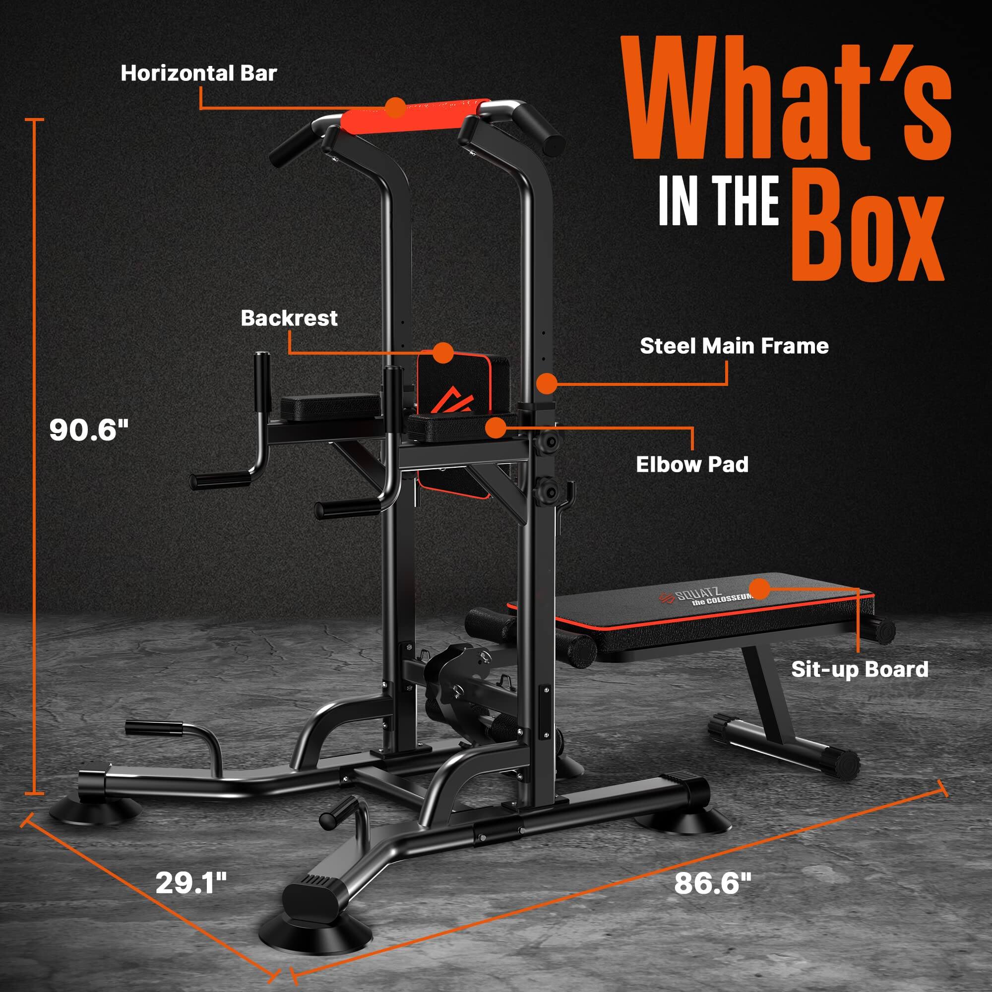 Horizontal Bar Backrest  
What's IN THE Box  
Steel Main Frame  
90.6"  
Elbow Pad  
Sit-up Board 29.1"  
86.6"