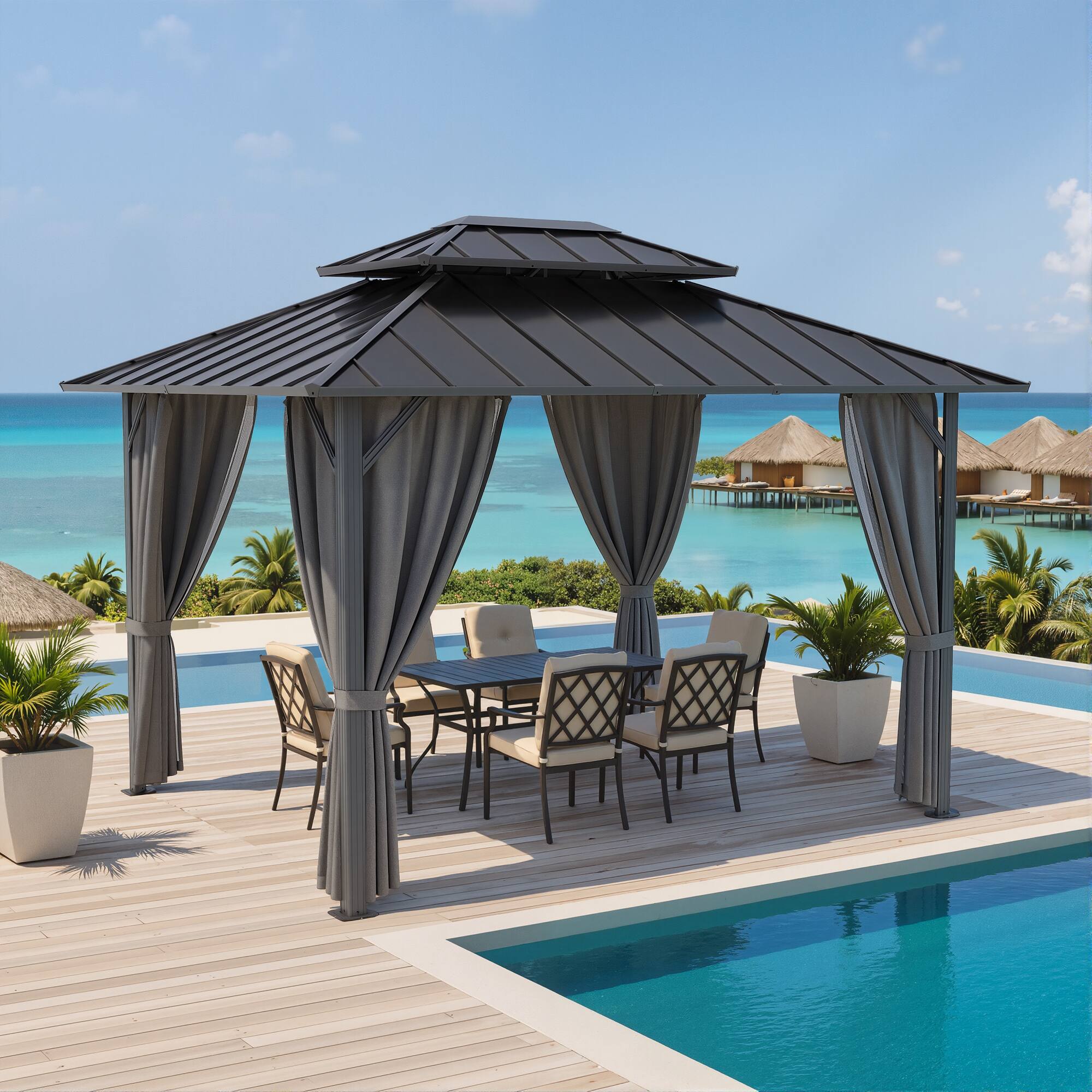 Angle. Ovios - 10’x12' Patio Gazebo with Double Roof Outdoor Aluminum-steel Gazebo with Curtains & Netting - Gray.
