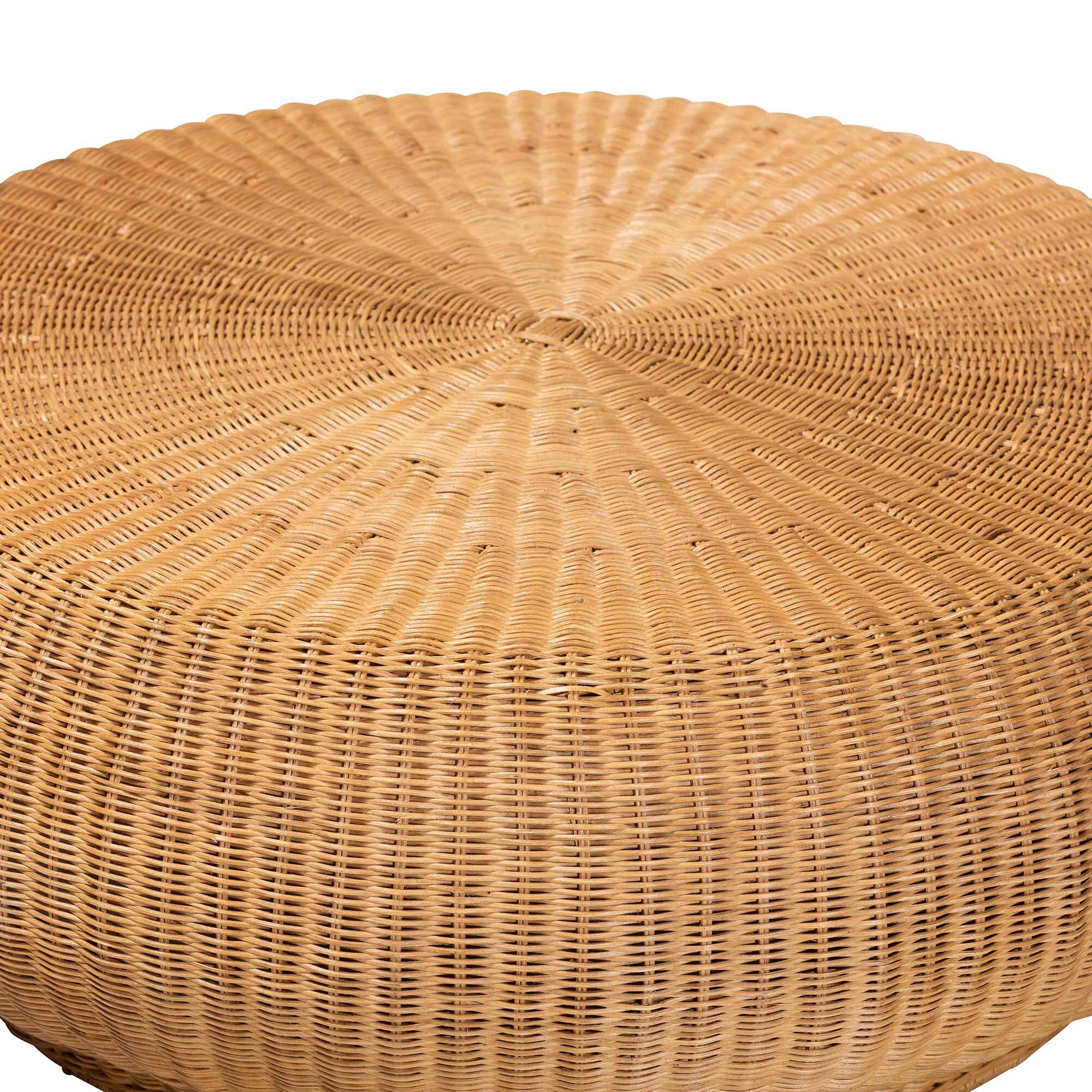 Angle. bali & pari - Beatriz Natural Rattan Coffee Table : Handwoven Wicker Accent Table with Sculptural Drum Silhouette and Round Tabletop - Light Honey.