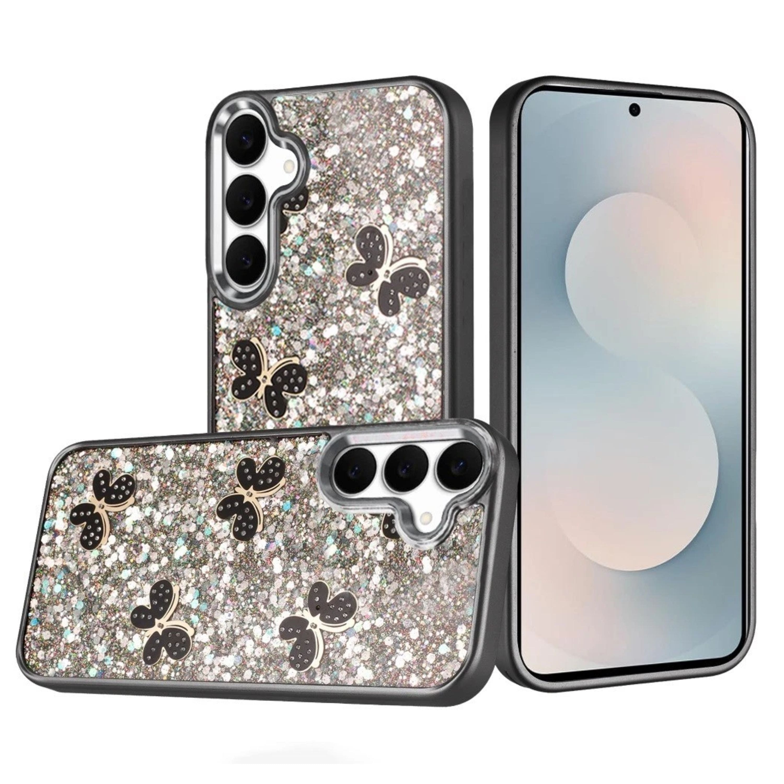 Kitcheniva - Full Glitter Flakes With Cute Butterflies Plus Tempered Glass For Samsung S25 FE - Black price history on PriceWatchPro