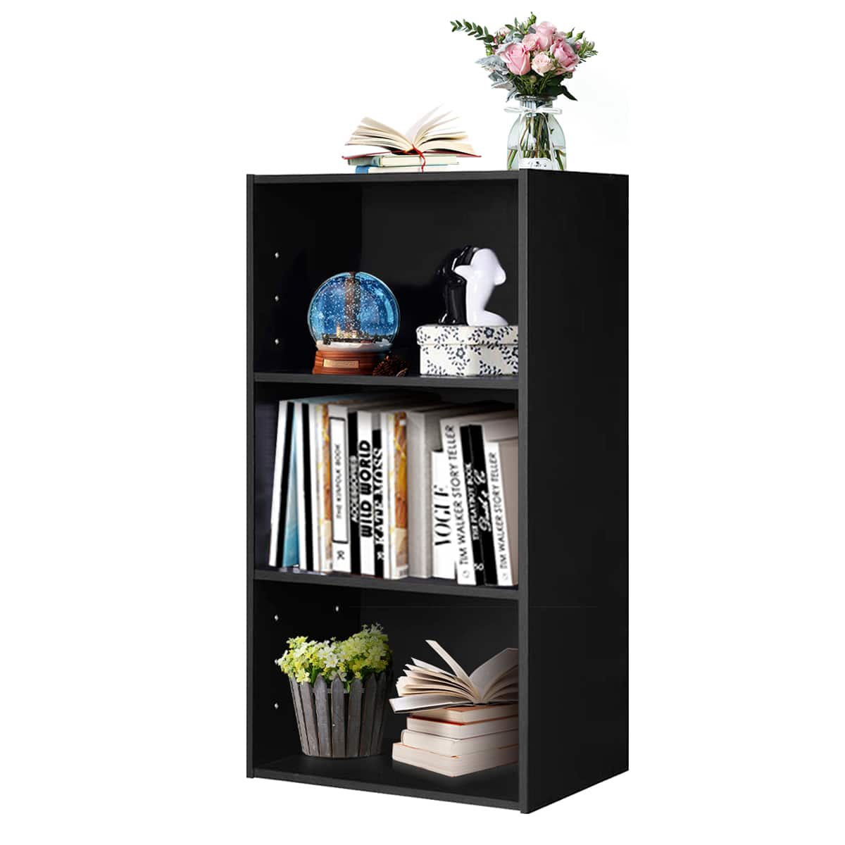 The image features a black bookshelf filled with various books. The books are arranged in different positions, with some standing upright and others lying horizontally. The bookshelf also has a vase of flowers placed on top of it, adding a touch of decoration to the scene. Additionally, there is a clock on the shelf, which serves as a functional and decorative element. The overall arrangement of the bookshelf creates an organized and visually appealing display of books and decorative items.