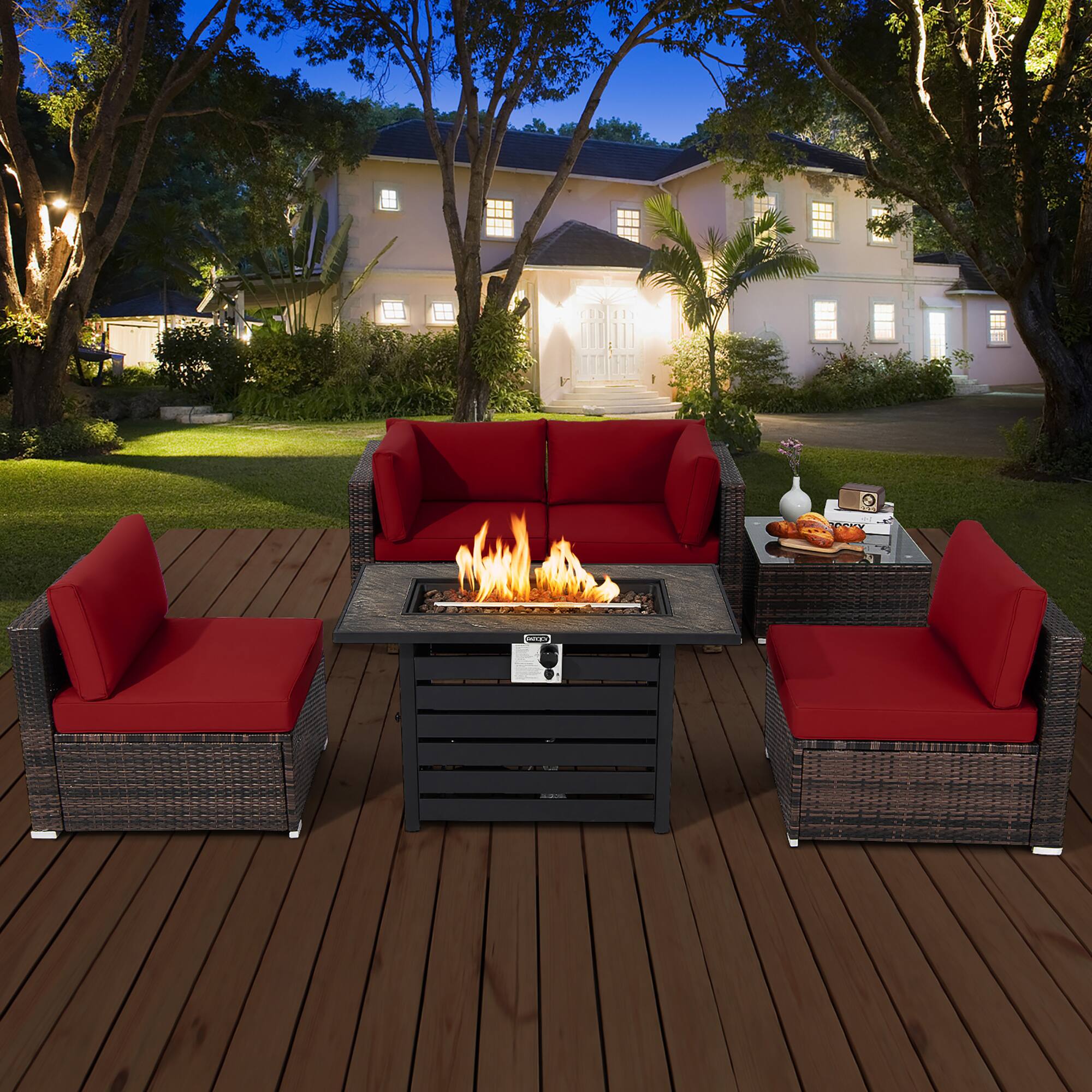 Alt View 2. Costway - Costway 6PCS Patio Rattan Furniture Set 42" Fire Pit Table Cover Sofa Cushion - Mix Brown,Red.