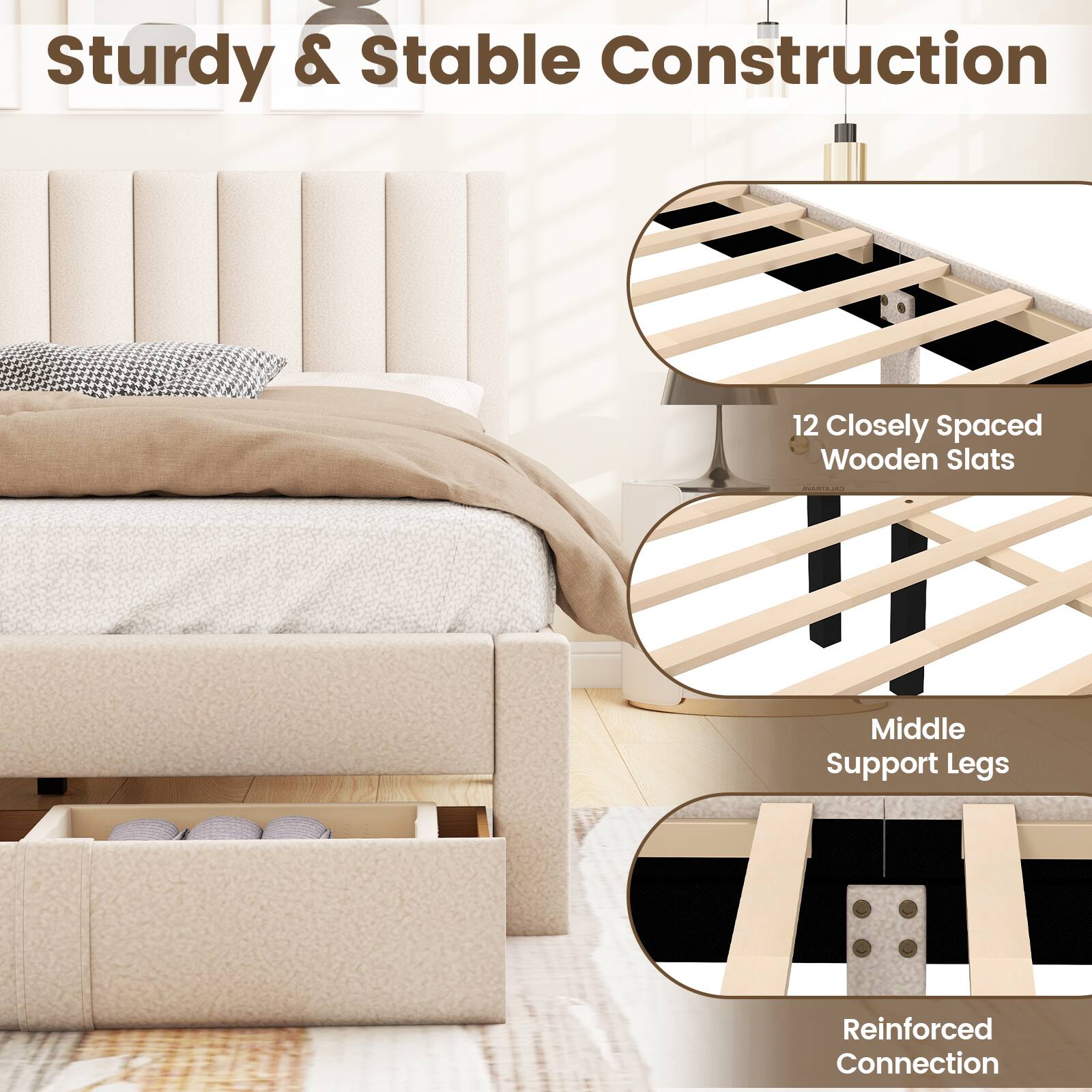 Sturdy & Stable Construction

- 12 Closely Spaced Wooden Slats
- Middle Support Legs
- Reinforced Connection