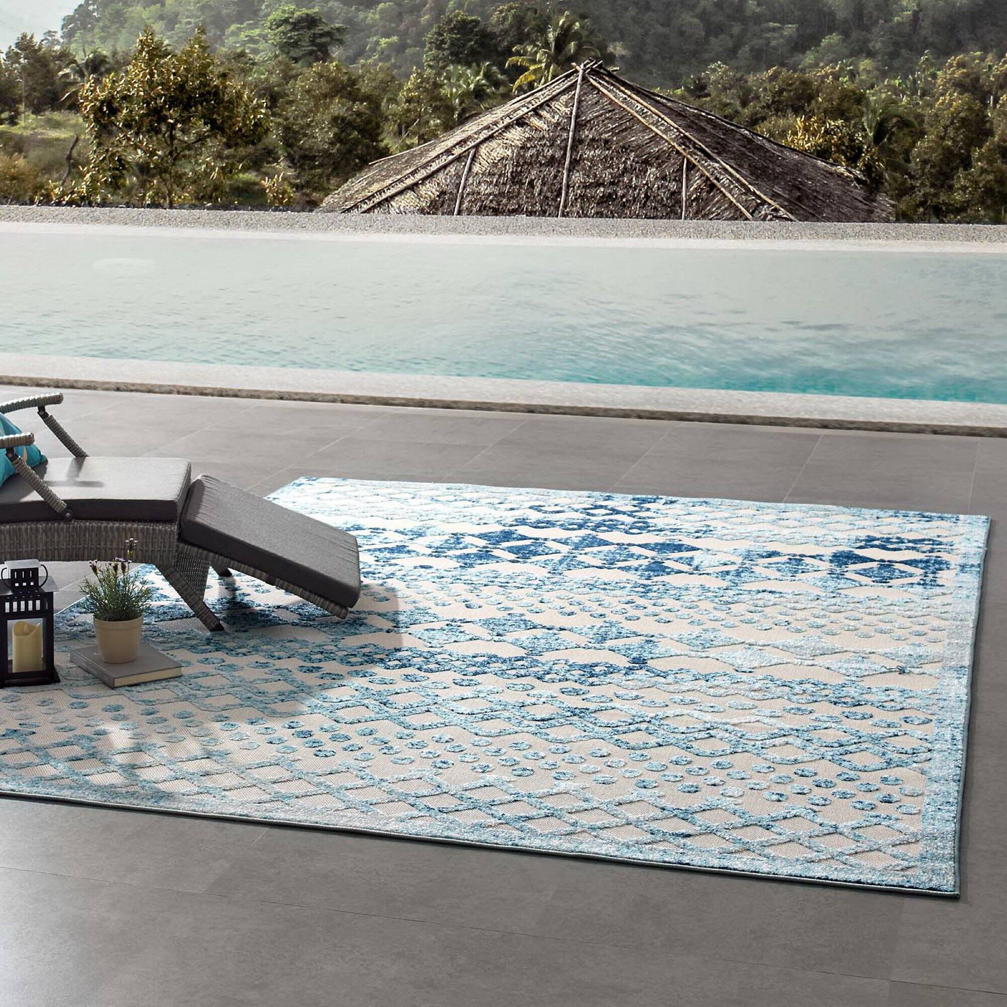Left. Modway - Reflect Giada Abstract Diamond Moroccan Trellis Indoor/Outdoor Area Rug - Ivory and Blue.