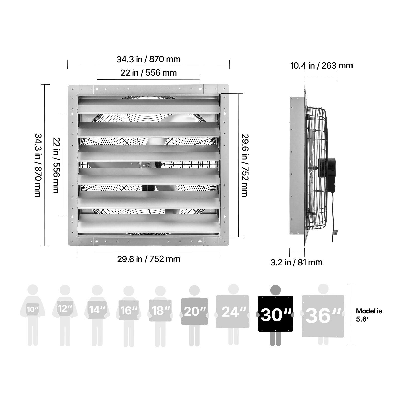34.3 in / 870 mm  
22 in / 556 mm  
10.4 in / 263 mm  
29.6 in / 752 mm  
3.2 in / 81 mm  

10" 12" 14" 16" 18" 20" 24" 30" 36"  

Model is 5.6"