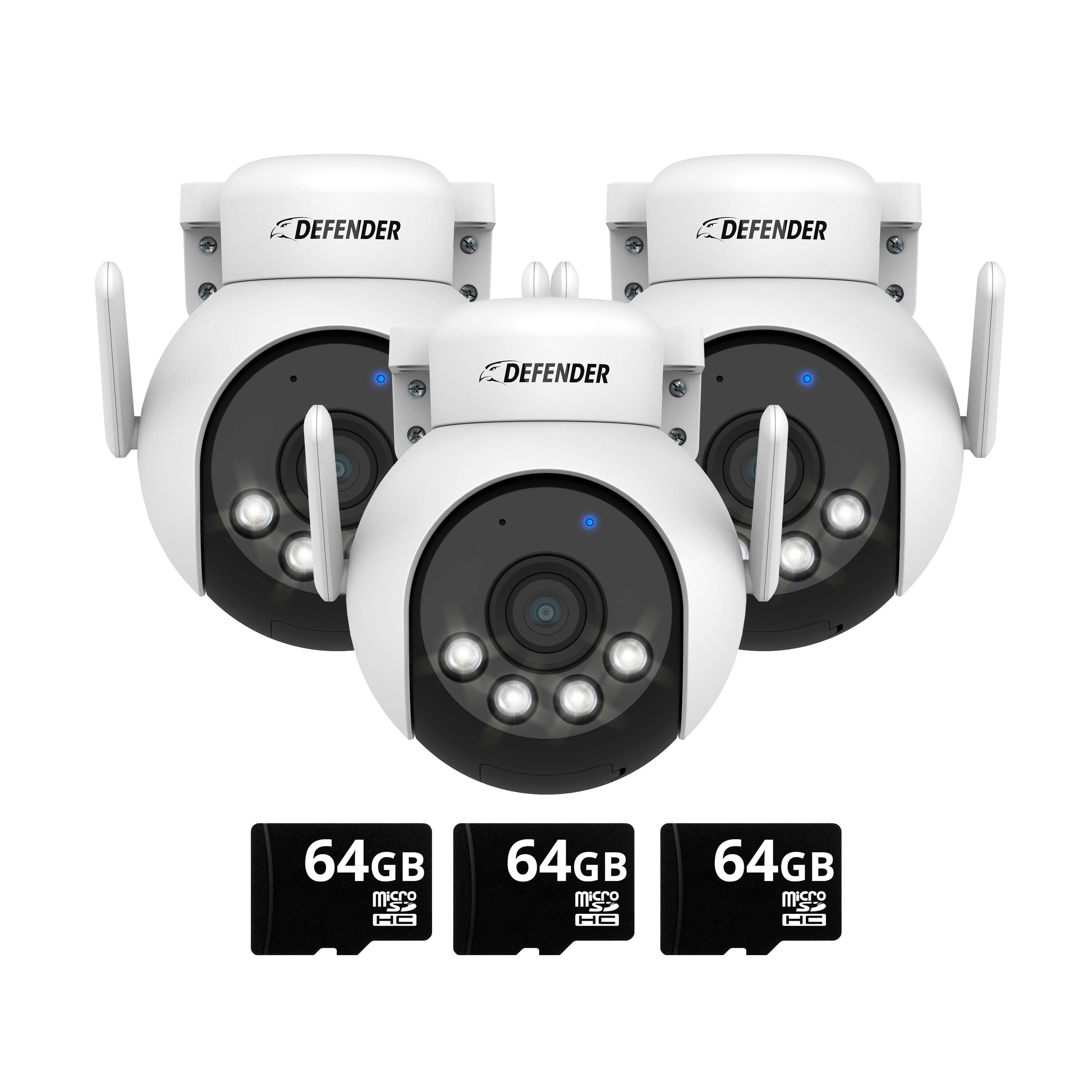 Defender - AI POWERED 4K Everwatch PTZ 360° Wi-Fi Plug-in Power Security Camera with 64GB SD Card, 3 Pack - White