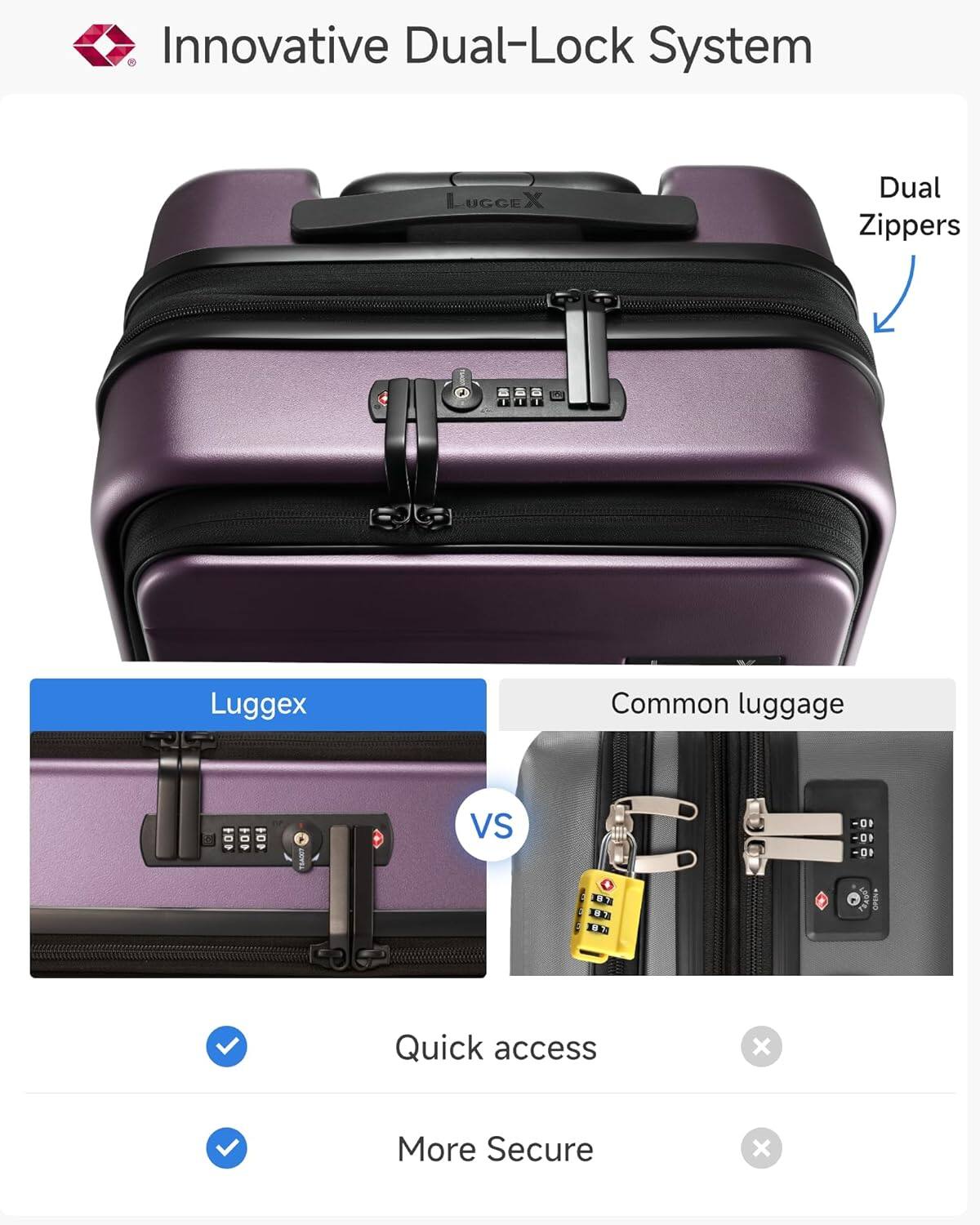 Innovative Dual-Lock System  
LUGGE Dual Zippers  
Luggex Common luggage  
TSAIP Vs. 83  
B3 0F 40-10-1  
Quick access x More Secure x