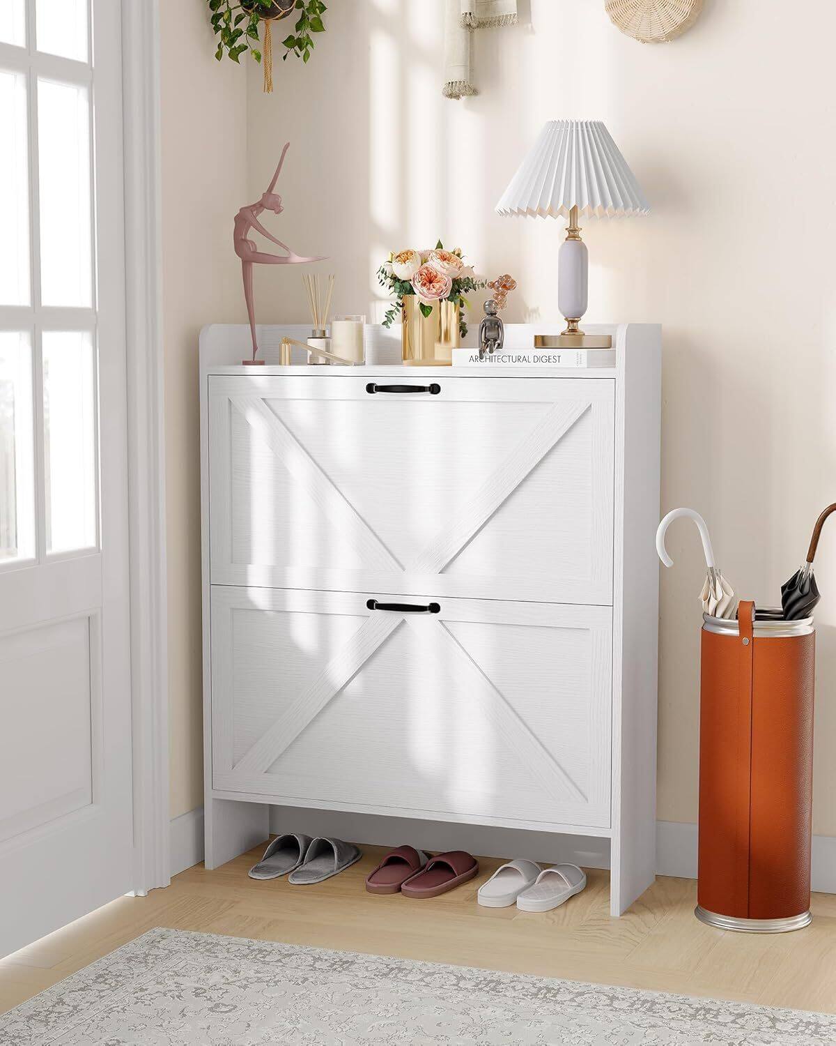 Qeetex - Shoe Cabinet with 2 Flip Drawers, Freestanding Narrow Shoe Storage Cabinet for Entryway - White