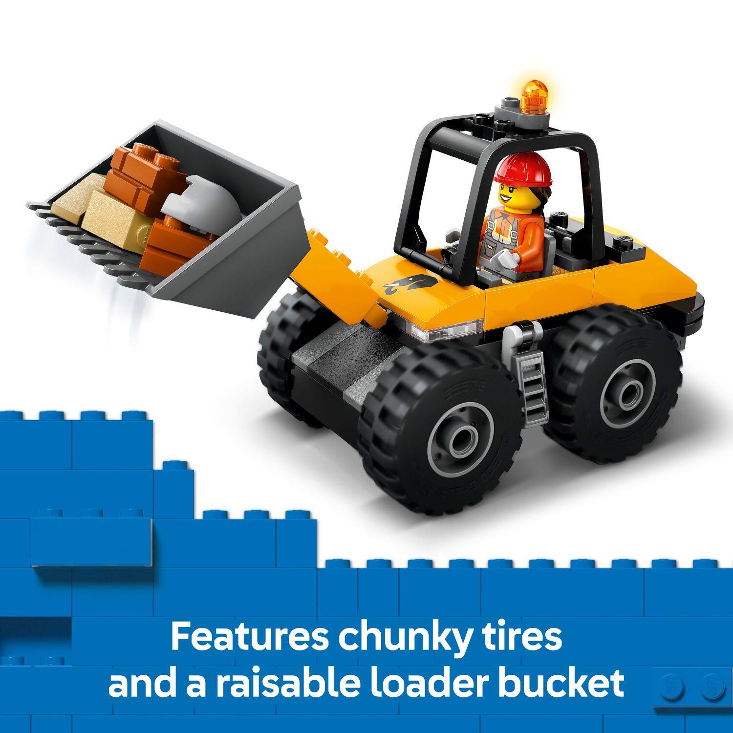 Features chunky tires and a raisable loader bucket.