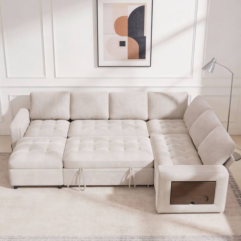 Angle. Dyonery - 102" Modular Sectional Sleeper Sofa with Pull Out Bed, Modern 5 Seat L Shaped with Reclining Backrest//USB/LED Light. - Beige.