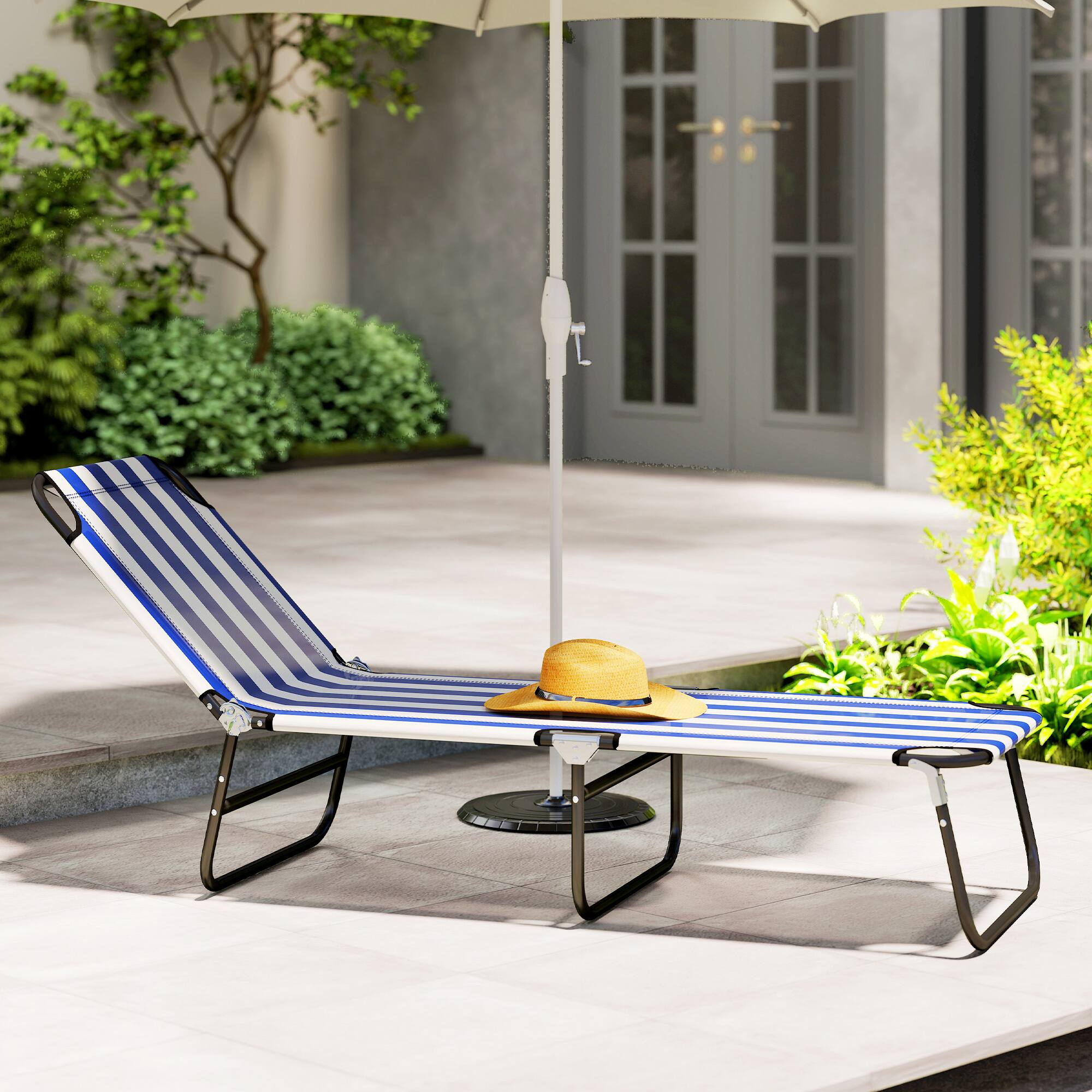 Alt View 8. Outsunny - Folding Chaise Lounge Pool Chairs, Outdoor Sun Tanning Chairs with 5-Level Reclining Back, Steel Frame for Beach - Blue and White.