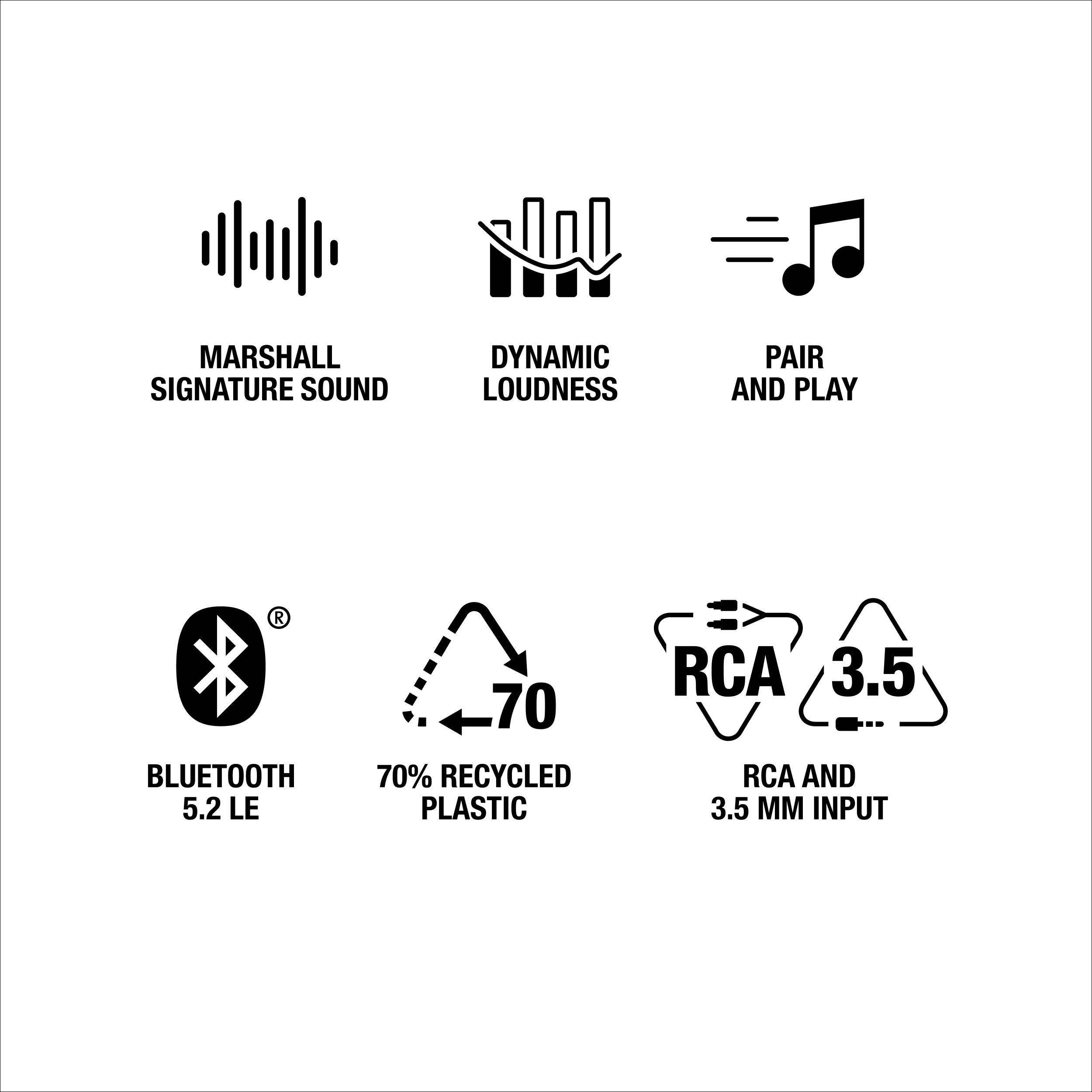 Marshall Signature Sound Dynamic Loudness Pair and Play Bluetooth 5.2 LE 70% Recycled Plastic RCA 3.5 RCA and 3.5mm Input