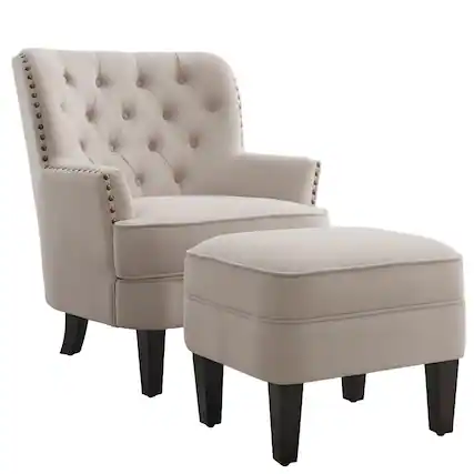 Front. Boyel Living - Tufted Accent Chair with Ottoman and Solid Wood Legs - Beige.
