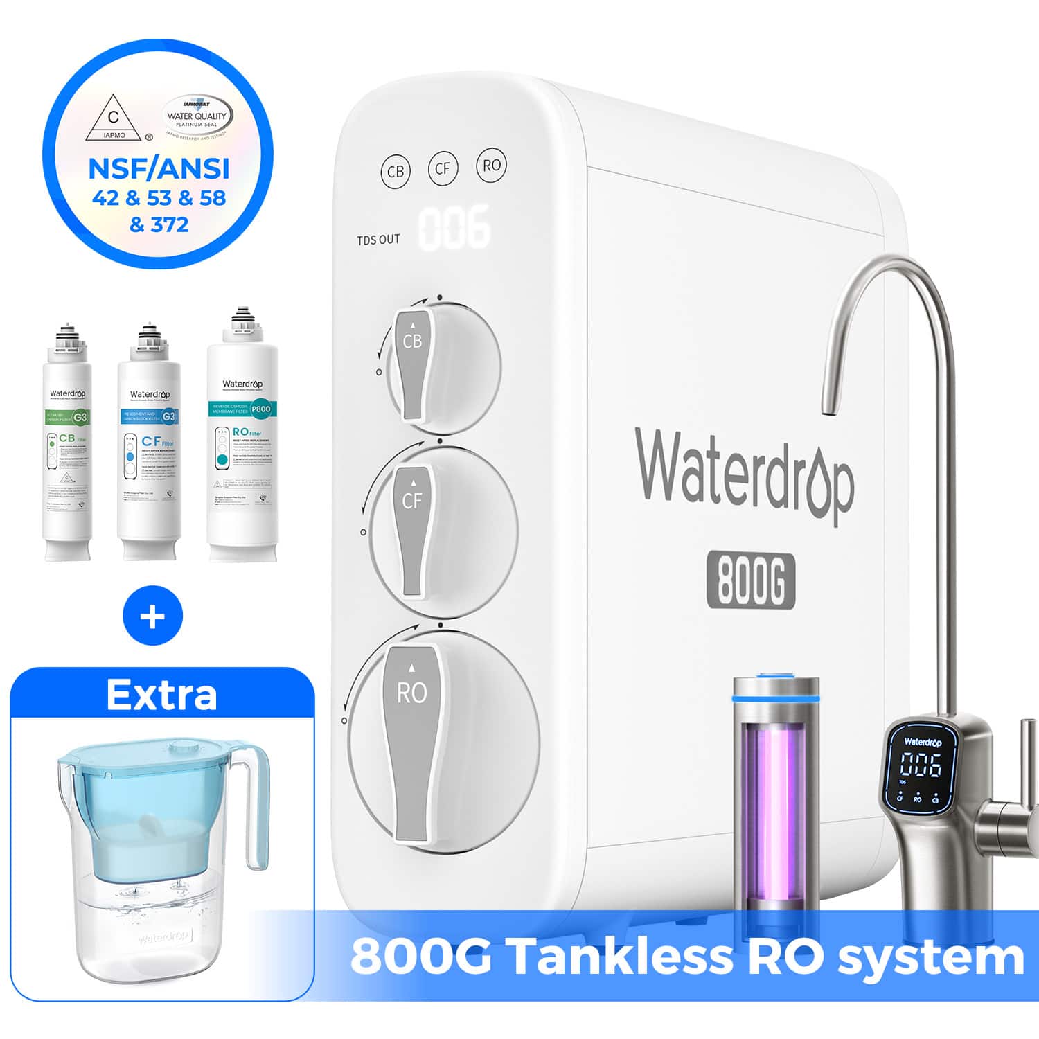 Waterdrop - G3P800 Reverse Osmosis System Extra WD-PT-05B-L Water Filter Pitcher - White