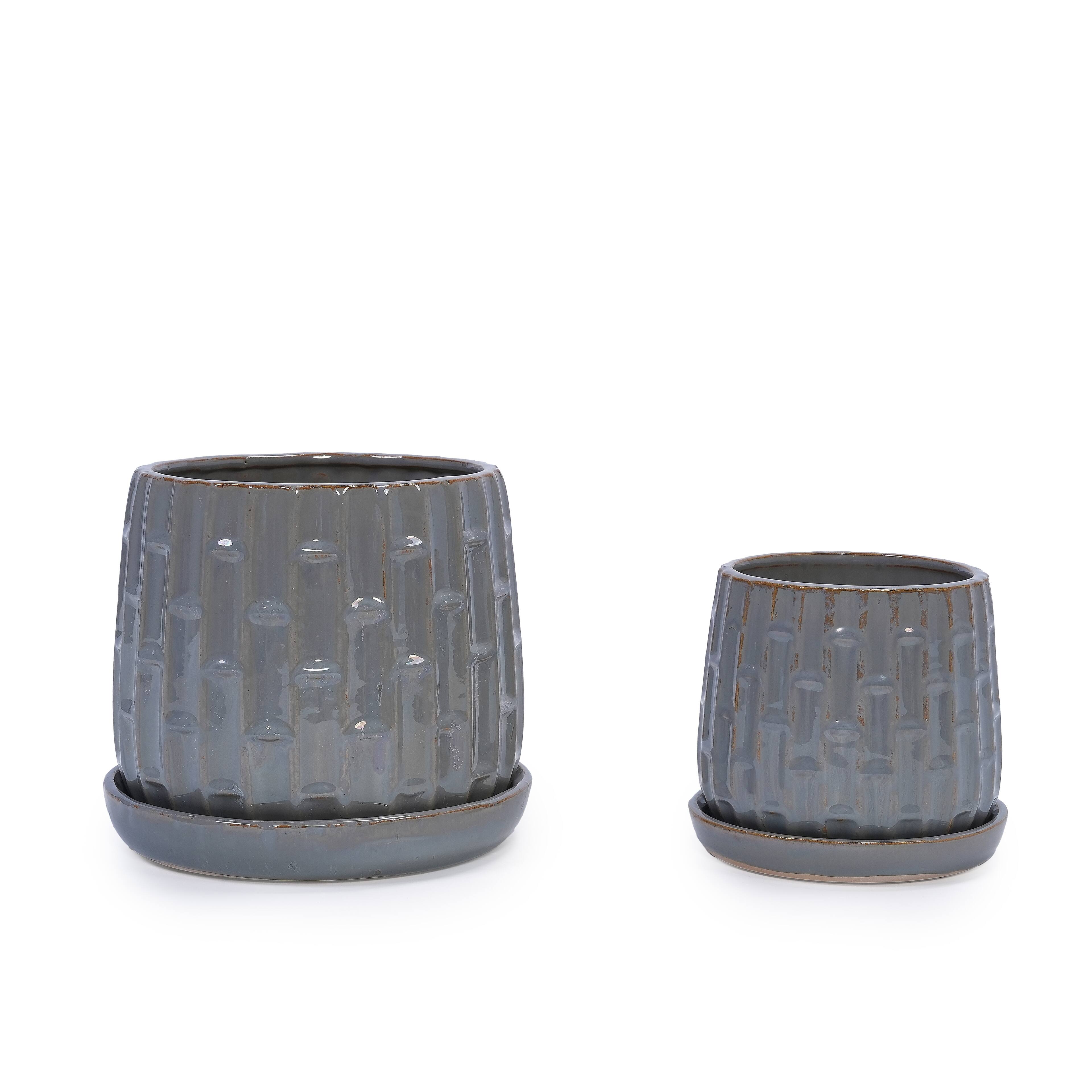 Alt View 1. Loheer - Ceramic Planter Set Loheer Handmade Gray Ribbed Clay Flower Pots with Saucers, 6in 8in Indoor Outdoor Herb Succulent.