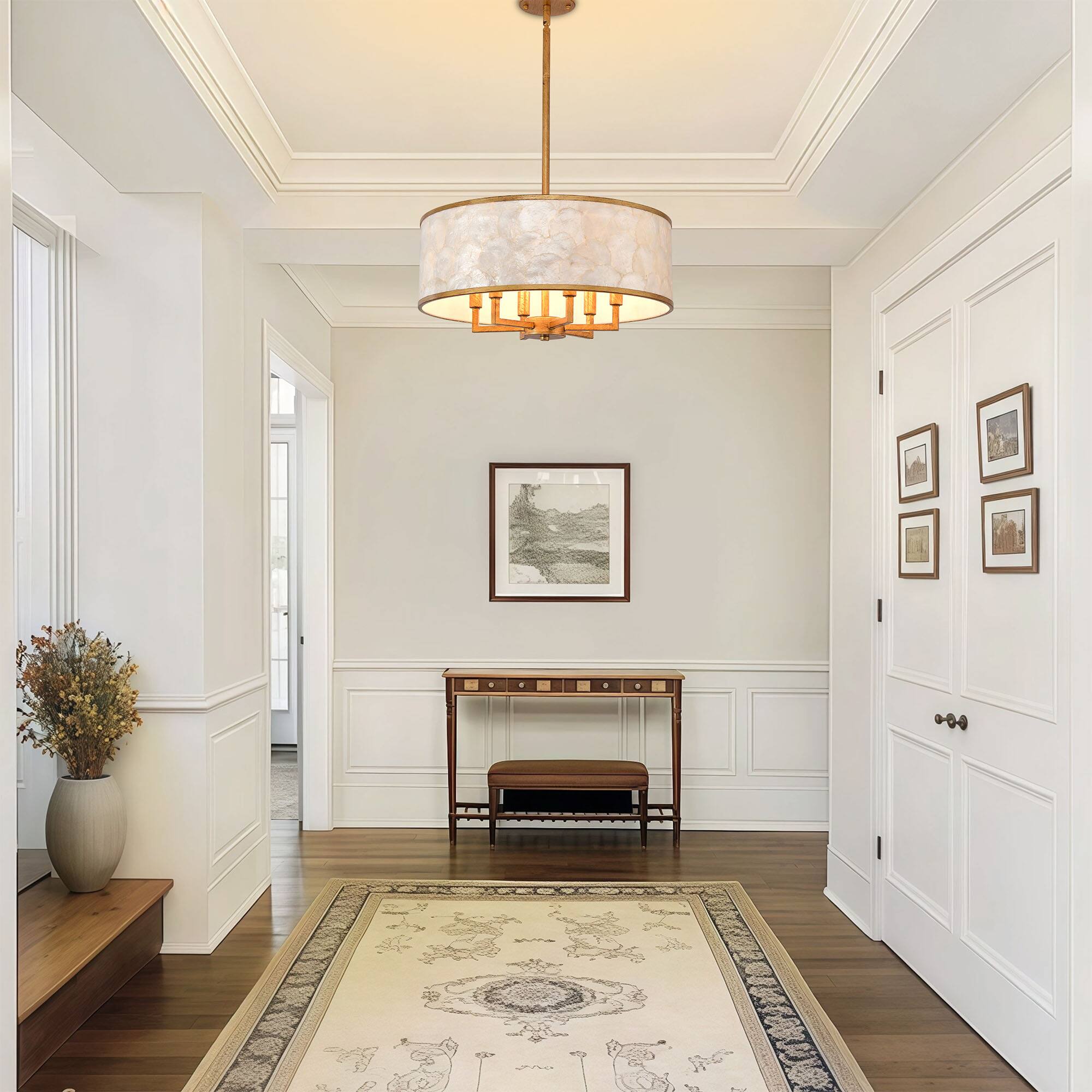 Back. RYHNUYNE - Modern 5-Light Gold Drum Chandelier With Natural Shell Shade, Adjustable Pendant For Dining Room And Foyer - GOLD.
