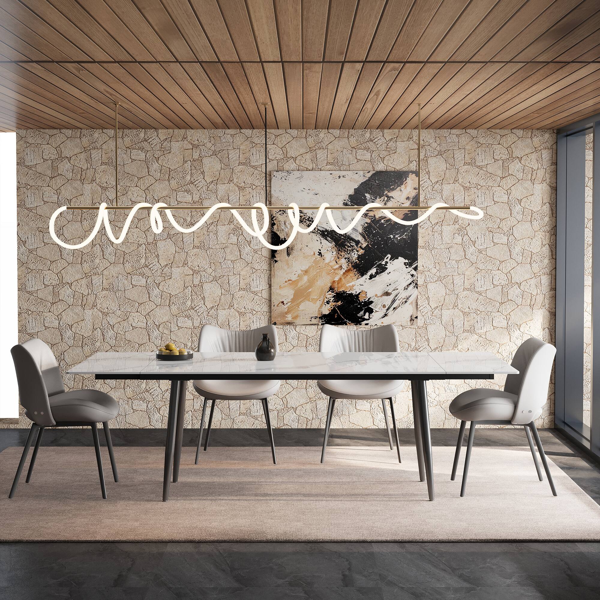 Angle. luck idea - 94.4" Retractable Sintered Stone Dining Table, Seats 8 - 10 People,Modern Mid-Century Kitchen Dinner Tables - Bright white.