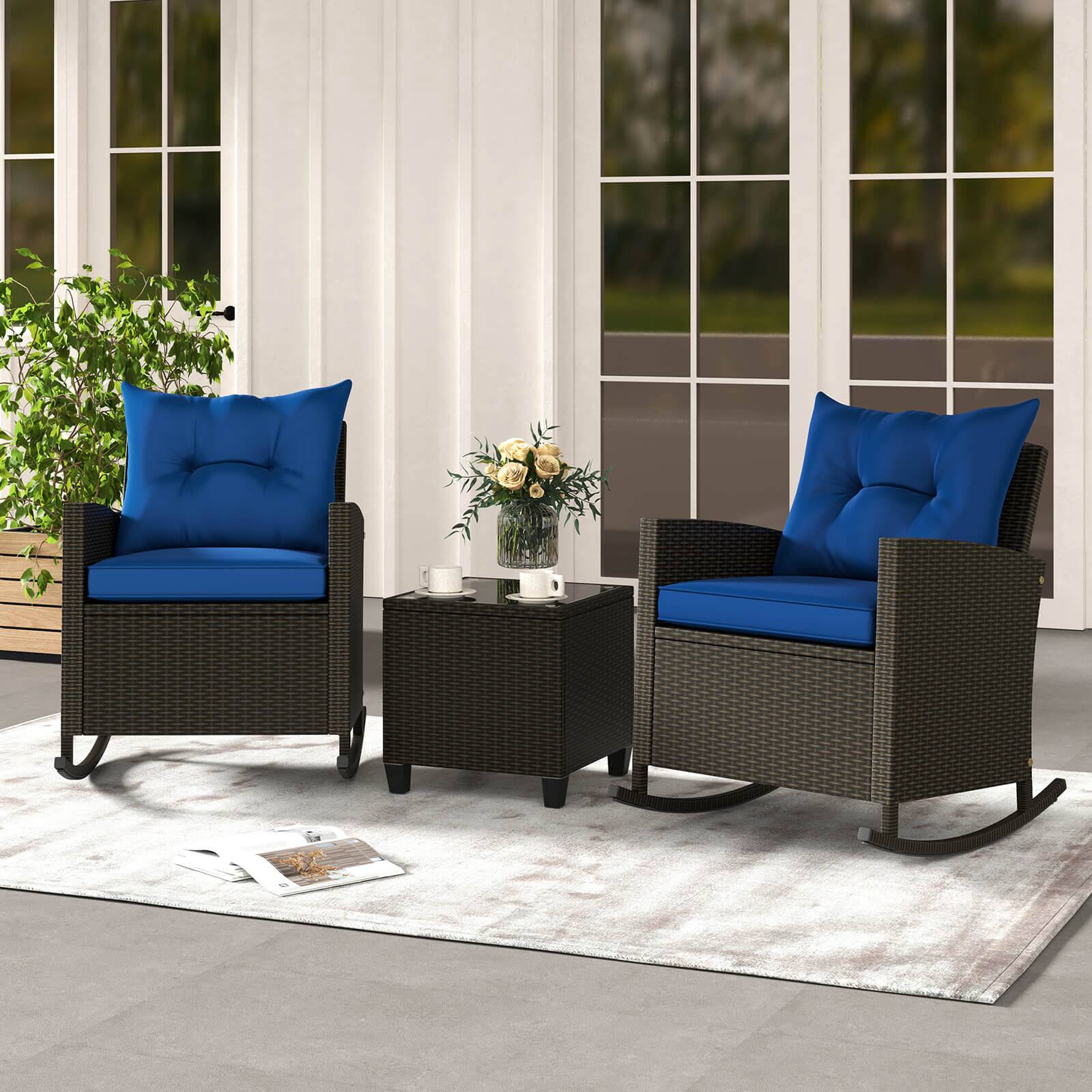 Alt View 1. Costway - 3 PCS Patio Wicker Rocking Set with Tempered Glass Table & Soft Cushions Outdoor - Navy.