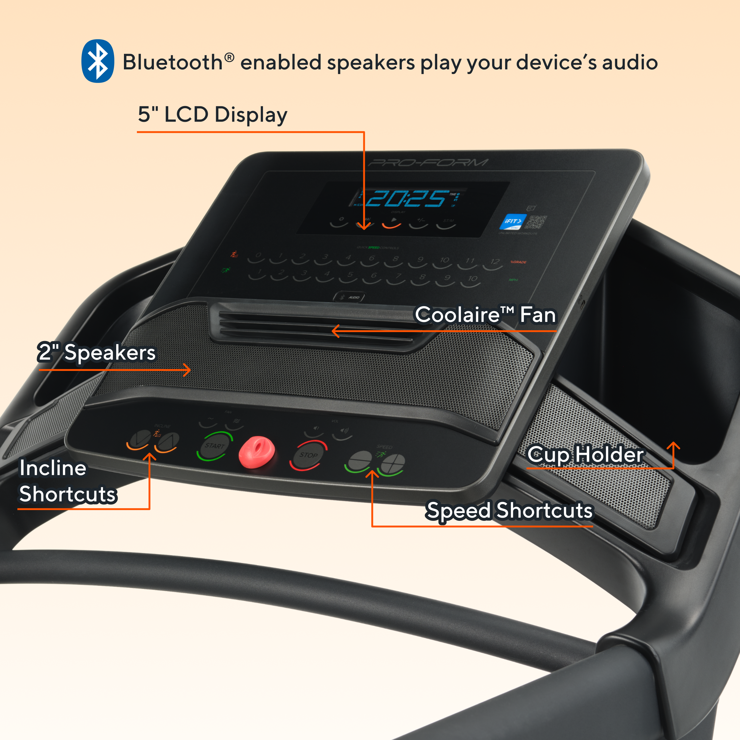 Bluetooth® enabled speakers play your device's audio

5" LCD Display

Coolaire™ Fan

2" Speakers

Incline Shortcuts

Speed Shortcuts

Cup Holder