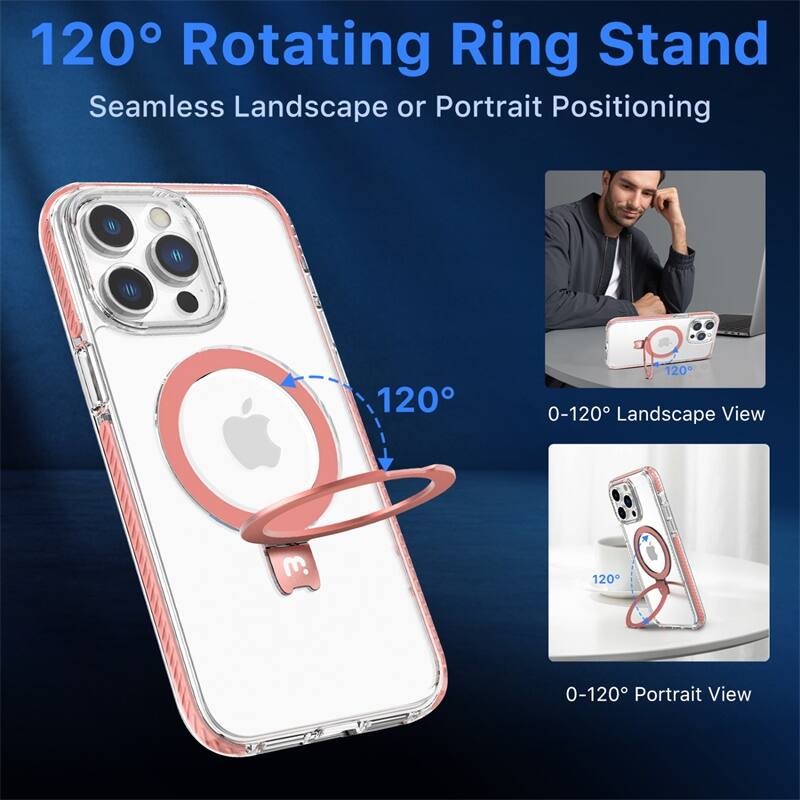 120° Rotating Ring Stand, Seamless Landscape or Portrait Positioning, 0-120° Landscape View, 0-120° Portrait View