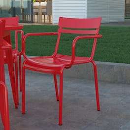 Emma + Oliver - Rennes Powder Coated Steel Stacking Dining Chair with Arms and 2 Slat Back for Indoor-Outdoor Use - Red