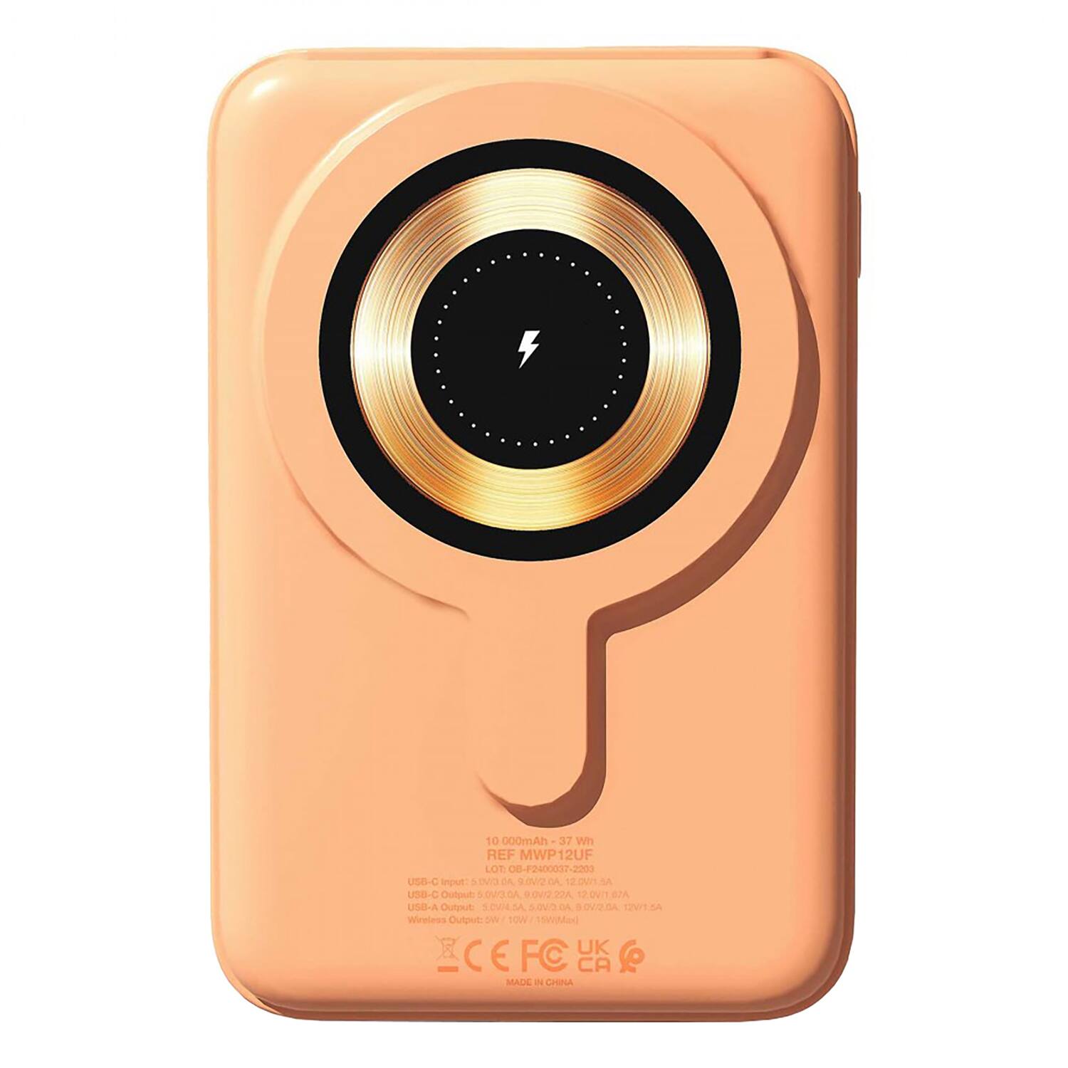 10,000mAh - 37 Wh  
REF MWP12UF  
LOT 08-F2400037-2200  

USB-C Input: 5V/2A, 9V/2A, 12V/1.5A  
USB-C Output: 5V/2A, 9V/2A, 12V/1A  
USB-A Output: 5V/2A, 9V/2A, 12V/1A  
Wireless Output: 5V/2A, 9V/2A, 12V/1A  

CE FC UK CA  
MADE IN CHINA