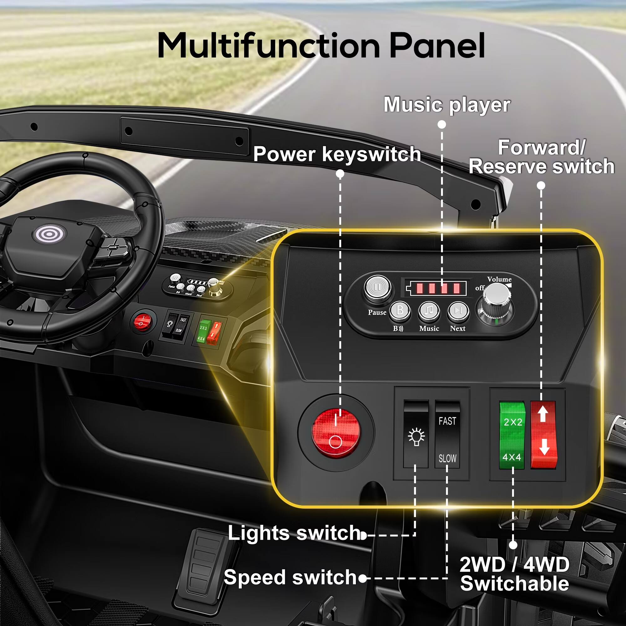 Multifunction Panel

- Music player
- Power keyswitch
- Forward/ Reserve switch
- Volume off
- Pause (B1)
- Music Next
- FAST SLOW
- 2X2 4X4
- Lights switch
- Speed switch
- 2WD / 4WD Switchable
