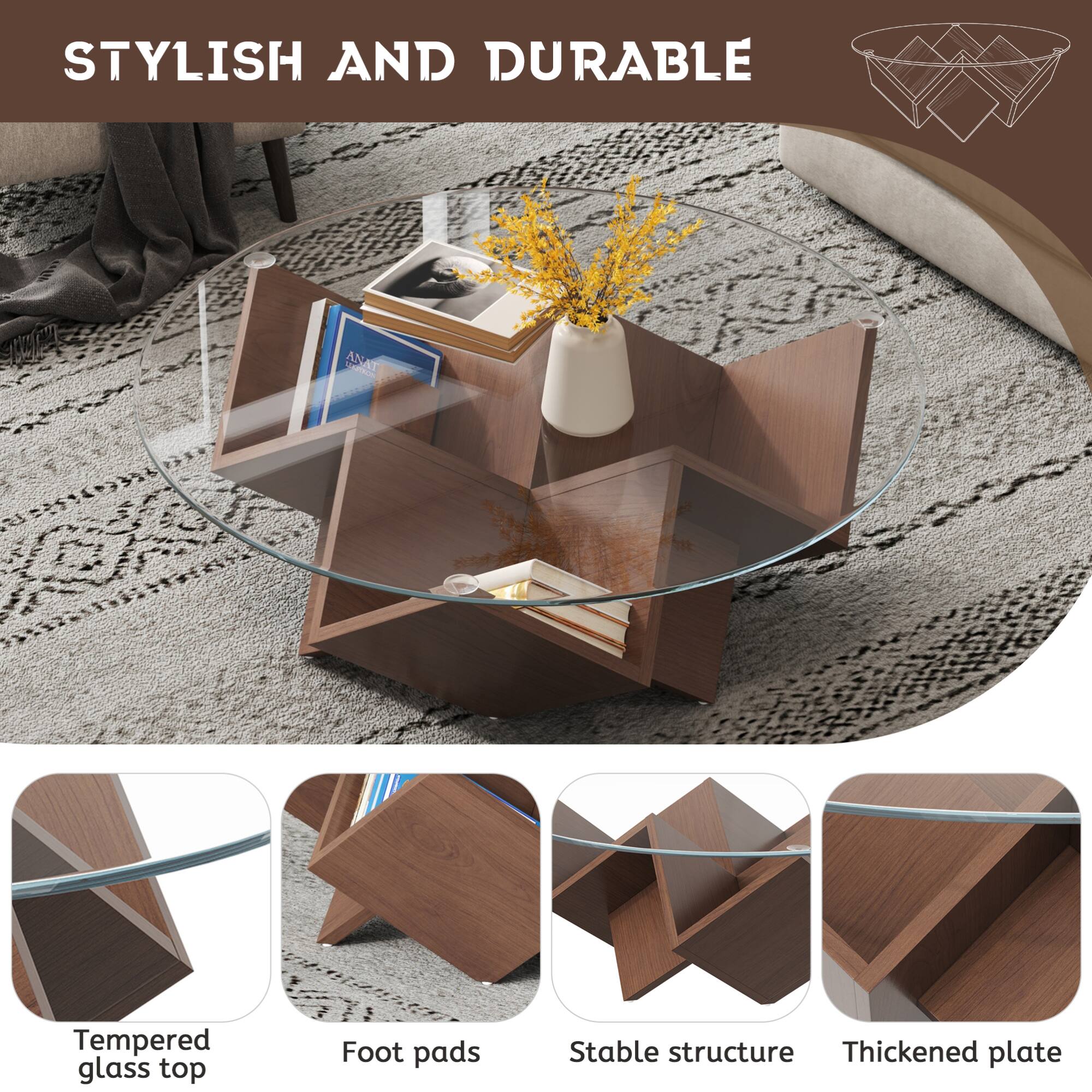 STYLISH AND DURABLE

- Tempered glass top
- Foot pads
- Stable structure
- Thickened plate
