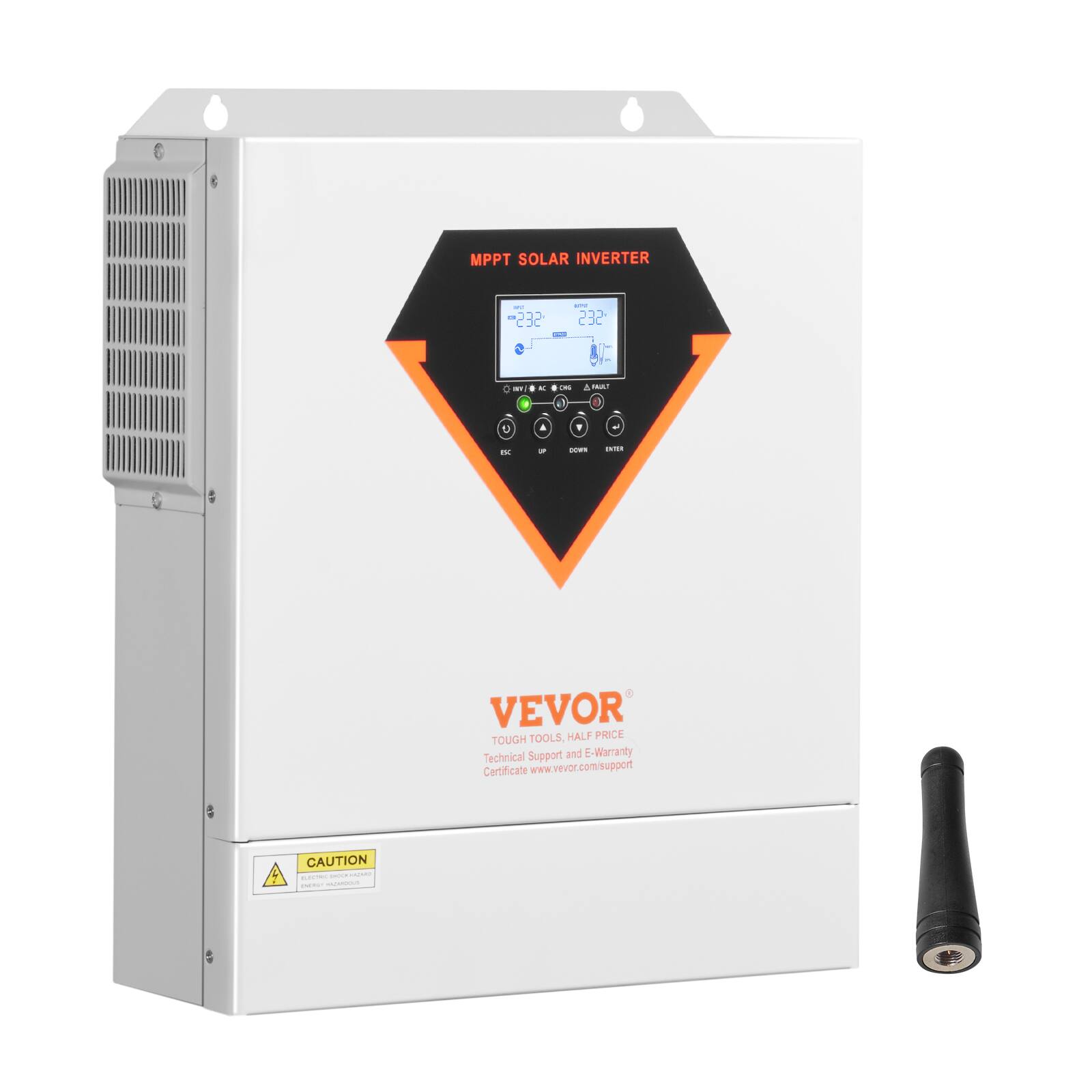 MPPT SOLAR INVERTER

mL All 232 - and 232 W

3 x ON

FAULT 1 9

P

VEVOR TOUGH TOOLS, HALF PRICE Technical Support and E-Warranty Certificate www.vevor.com/support

CAUTION ELECTRIC SHOCK HAZARD