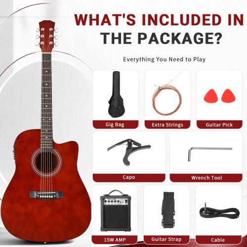 WHAT'S INCLUDED IN THE PACKAGE?

Everything You Need to Play

- Gig Bag
- Extra Strings
- Guitar Pick
- Capo
- Wrench Tool
- 15W AMP
- Guitar Strap
- Cable