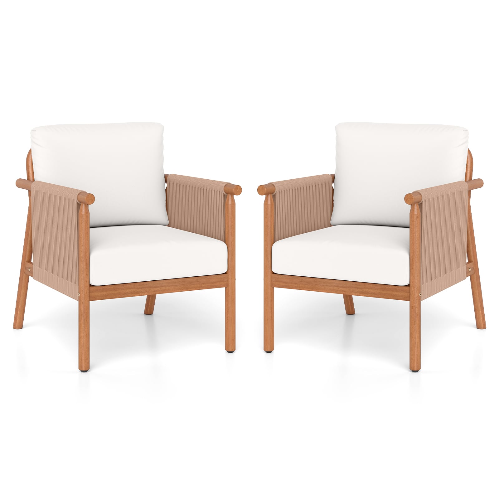 Gymax - 2PCS Patio Acacia Wood Chair w/ Woven Rope Armrests & Seat Back Cushions - White