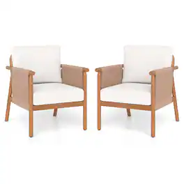 Gymax - 2PCS Patio Acacia Wood Chair w/ Woven Rope Armrests & Seat Back Cushions - White