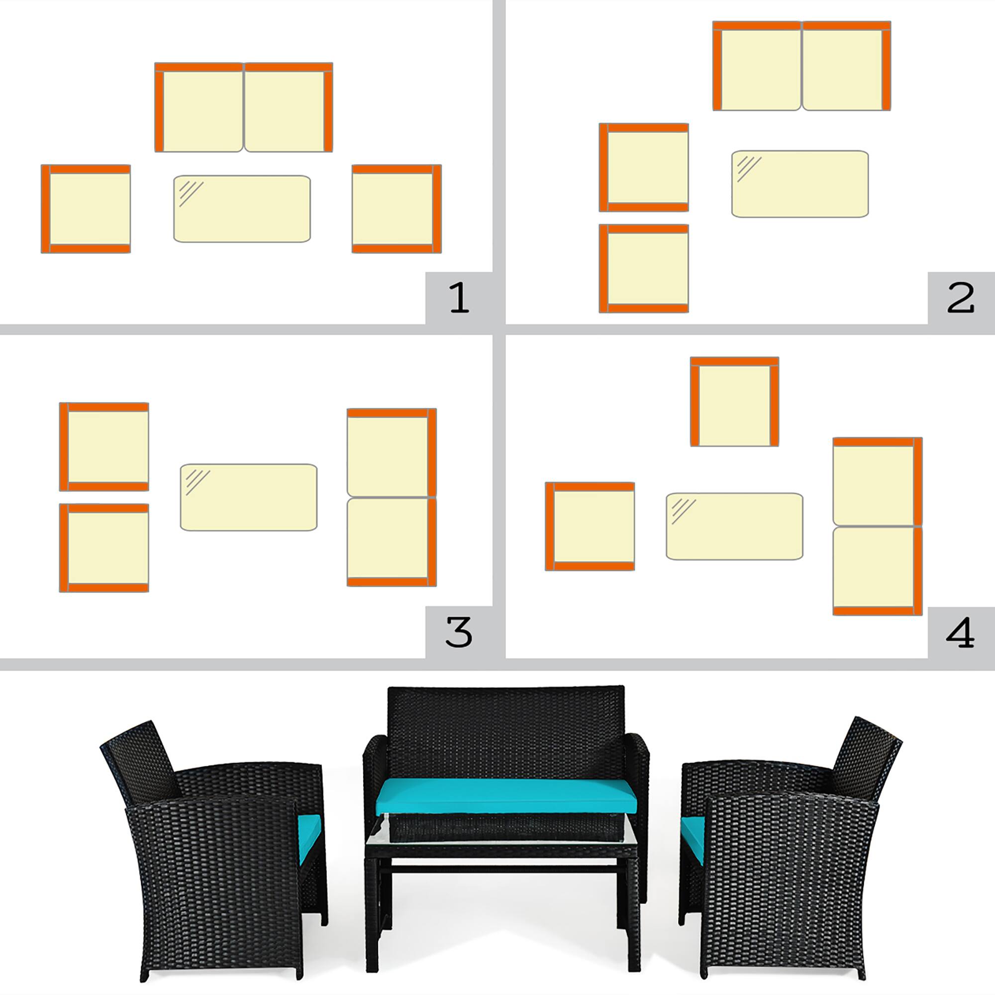Alt View 5. Costway - Costway 4PCS Patio Rattan Furniture Conversation Set Cushion Sofa Table Garden - Turquoise.