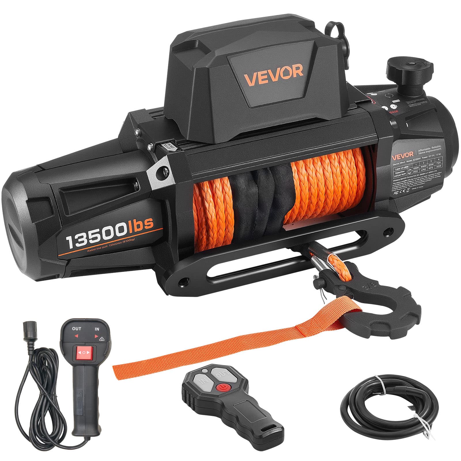 VEVOR - Electric Winch, 13500 lbs Load Capacity, 12V DC Truck Winch with Φ3/8 in x 92 ft Synthetic Rope - Black